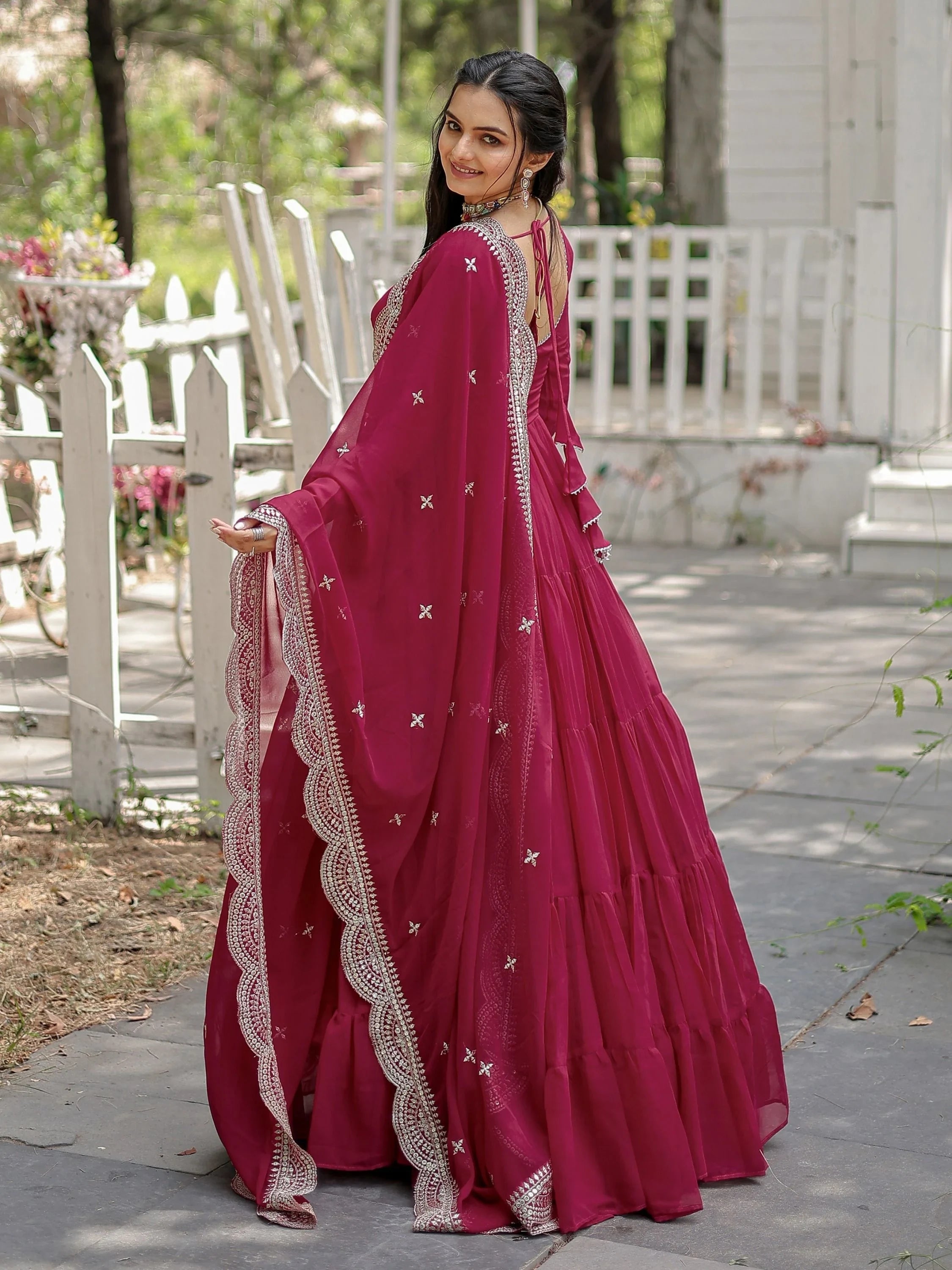 Rani Pink Georgette Plain Wedding Wear Gown With Dupatta