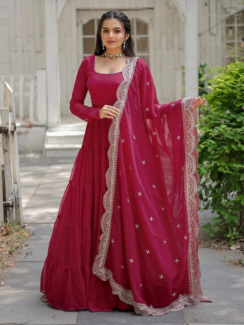 Rani Pink Georgette Plain Wedding Wear Gown With Dupatta
