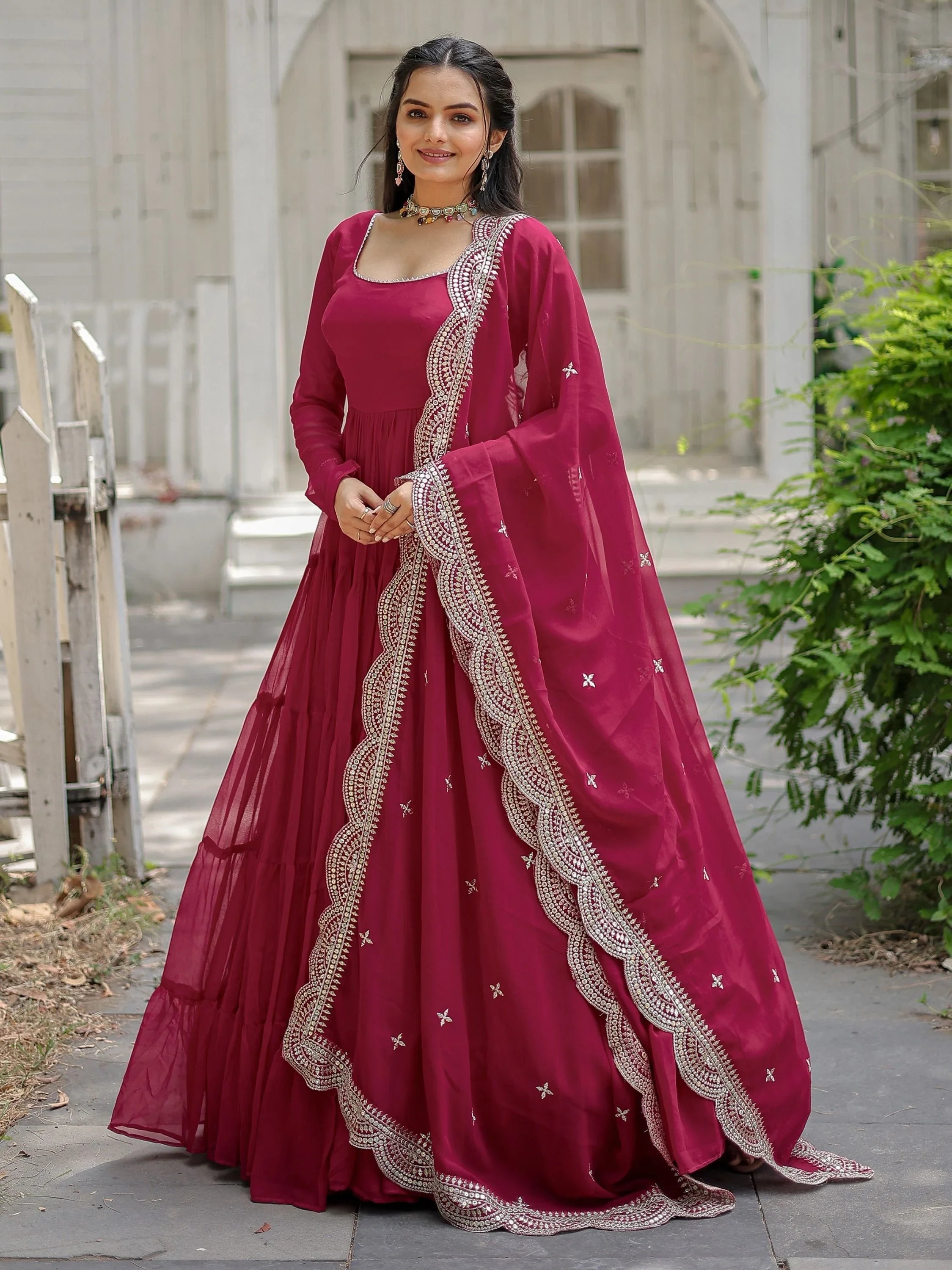 Rani Pink Georgette Plain Wedding Wear Gown With Dupatta
