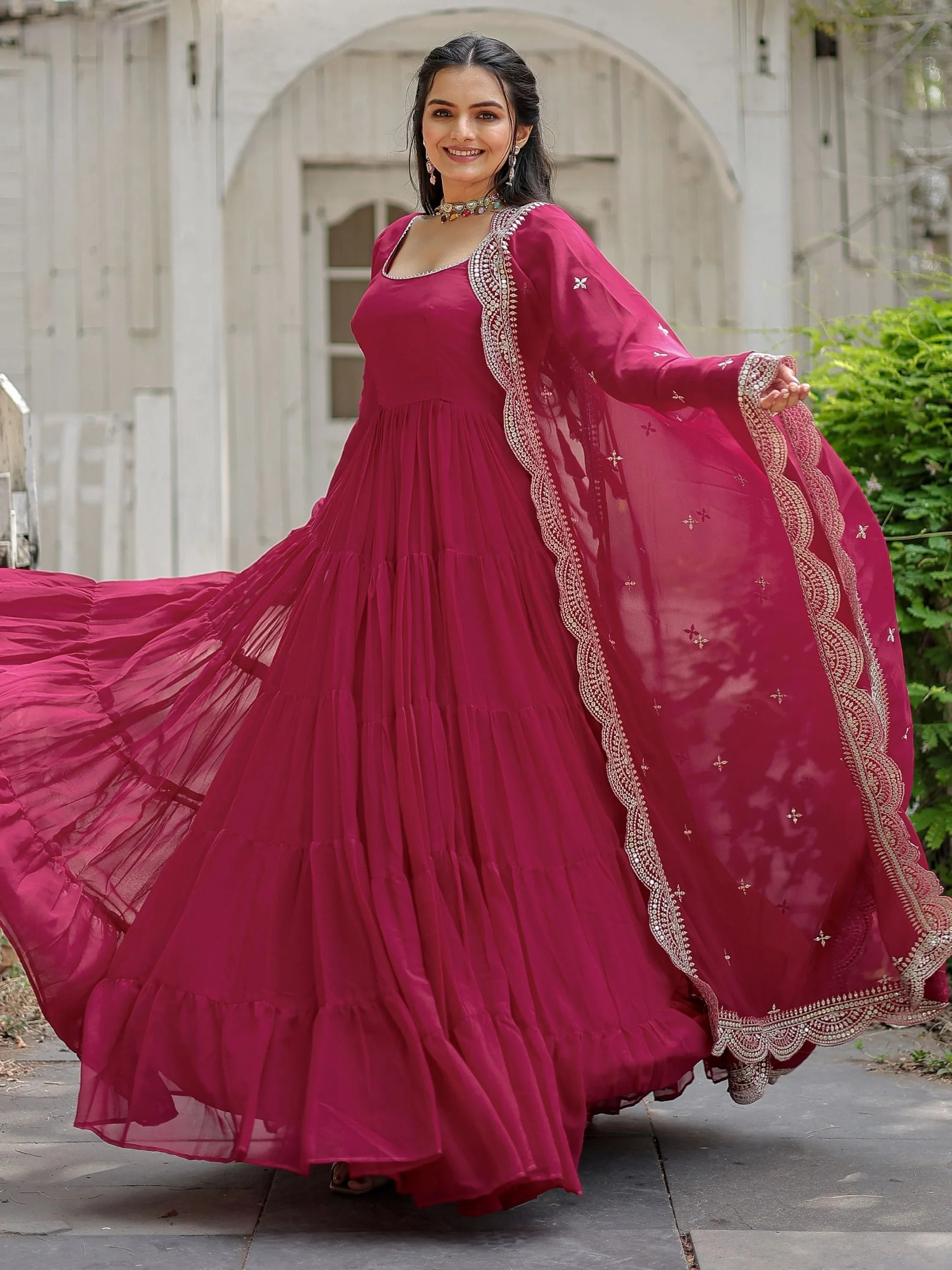 Rani Pink Georgette Plain Wedding Wear Gown With Dupatta