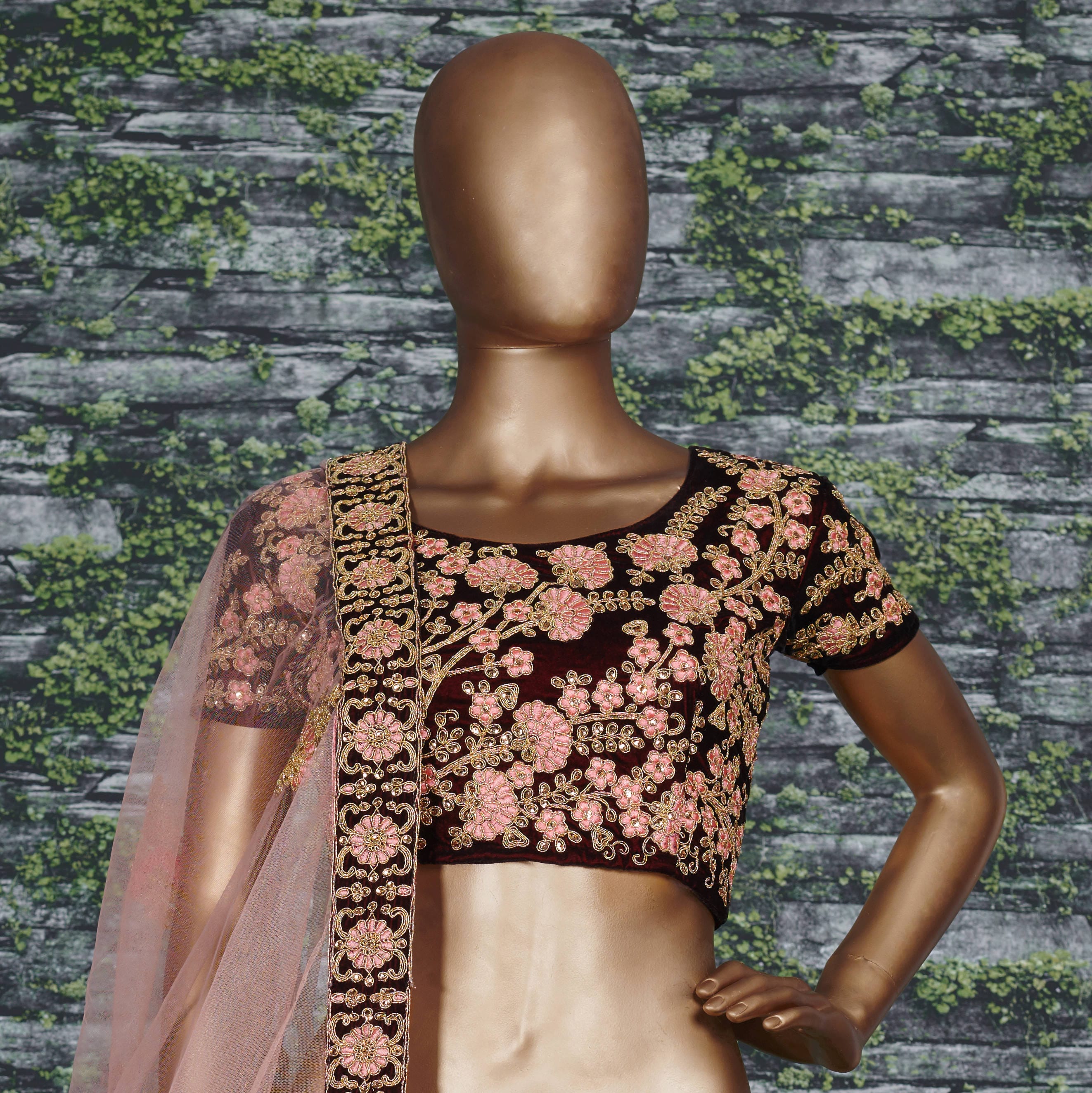 Maroon Thread Embroidered Velvet Silk Bridal Lehenga Choli and Pastel Pink Dupatta