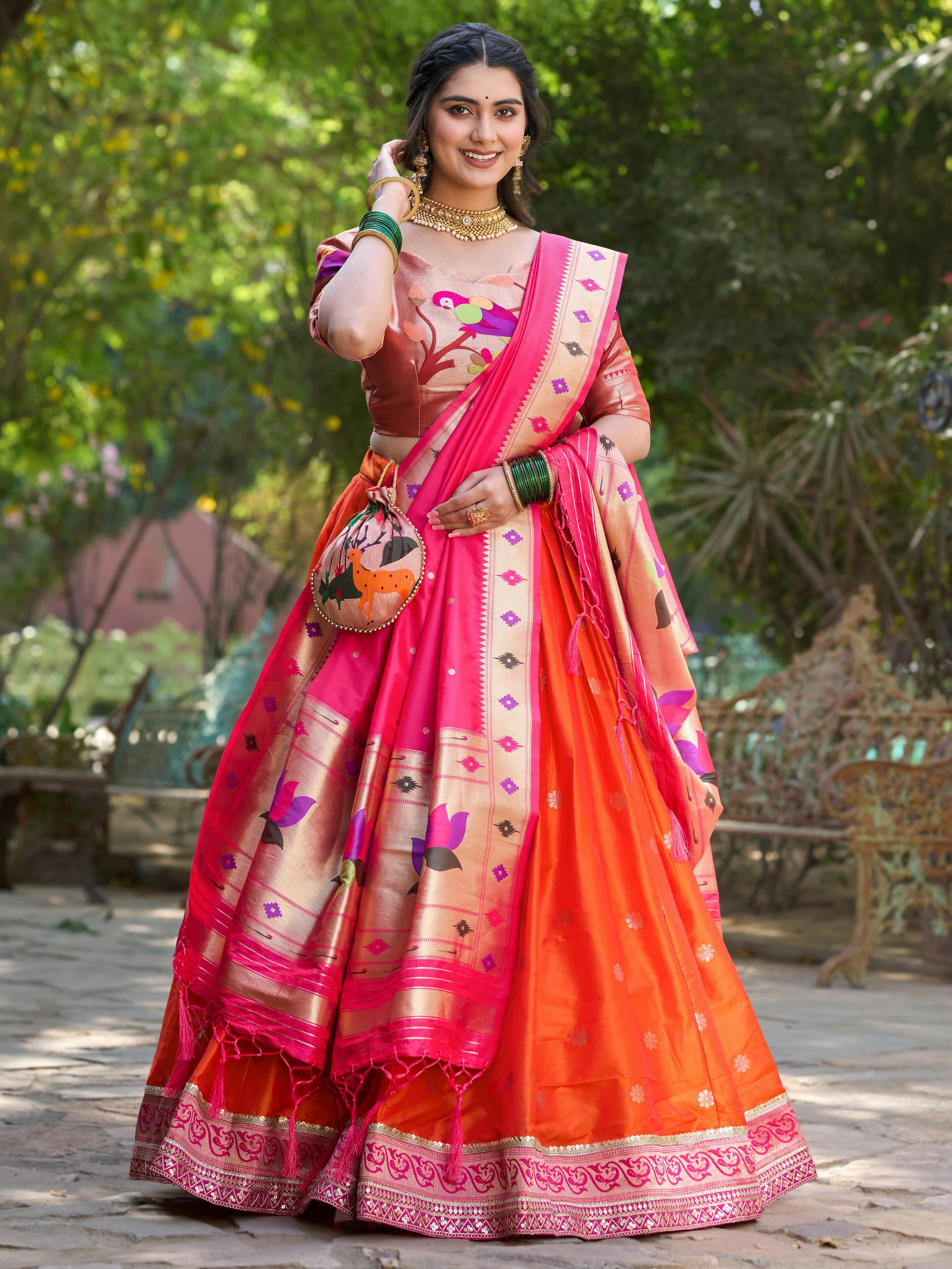 Orange Jacquard Silk Festival Wear Lehenga Choli With Dupatta