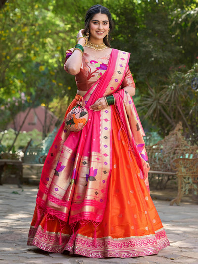 Orange Jacquard Silk Festival Wear Lehenga Choli With Dupatta