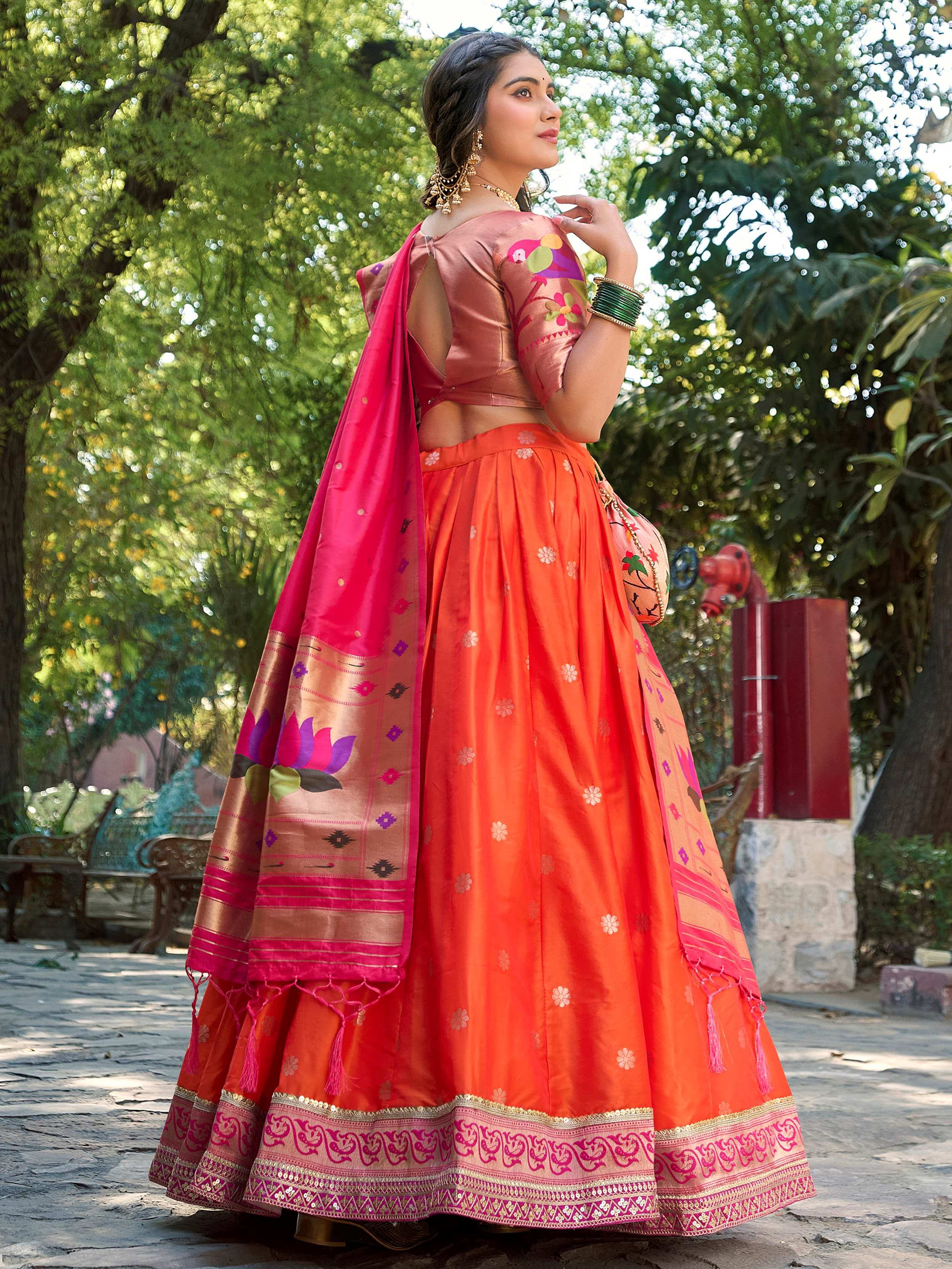 Orange Jacquard Silk Festival Wear Lehenga Choli With Dupatta