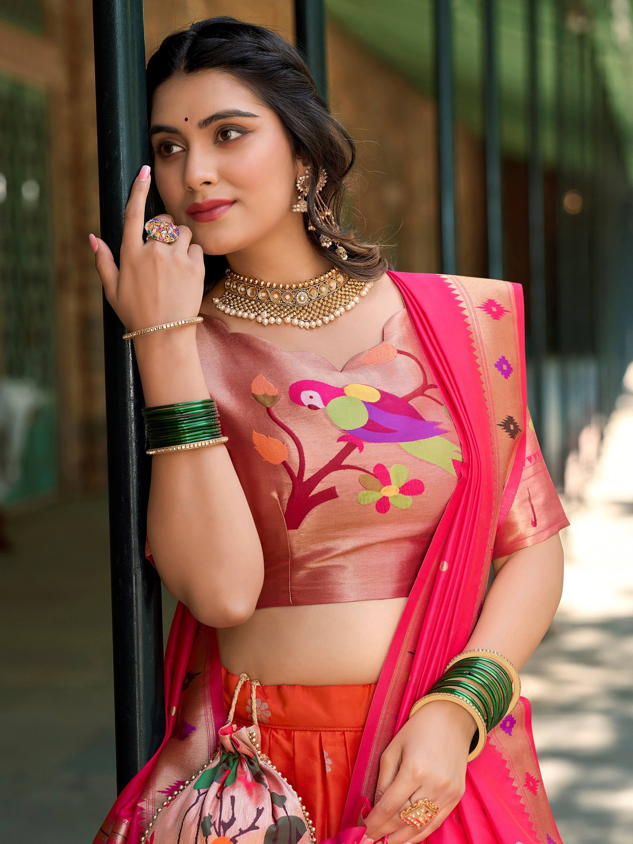 Orange Jacquard Silk Festival Wear Lehenga Choli With Dupatta