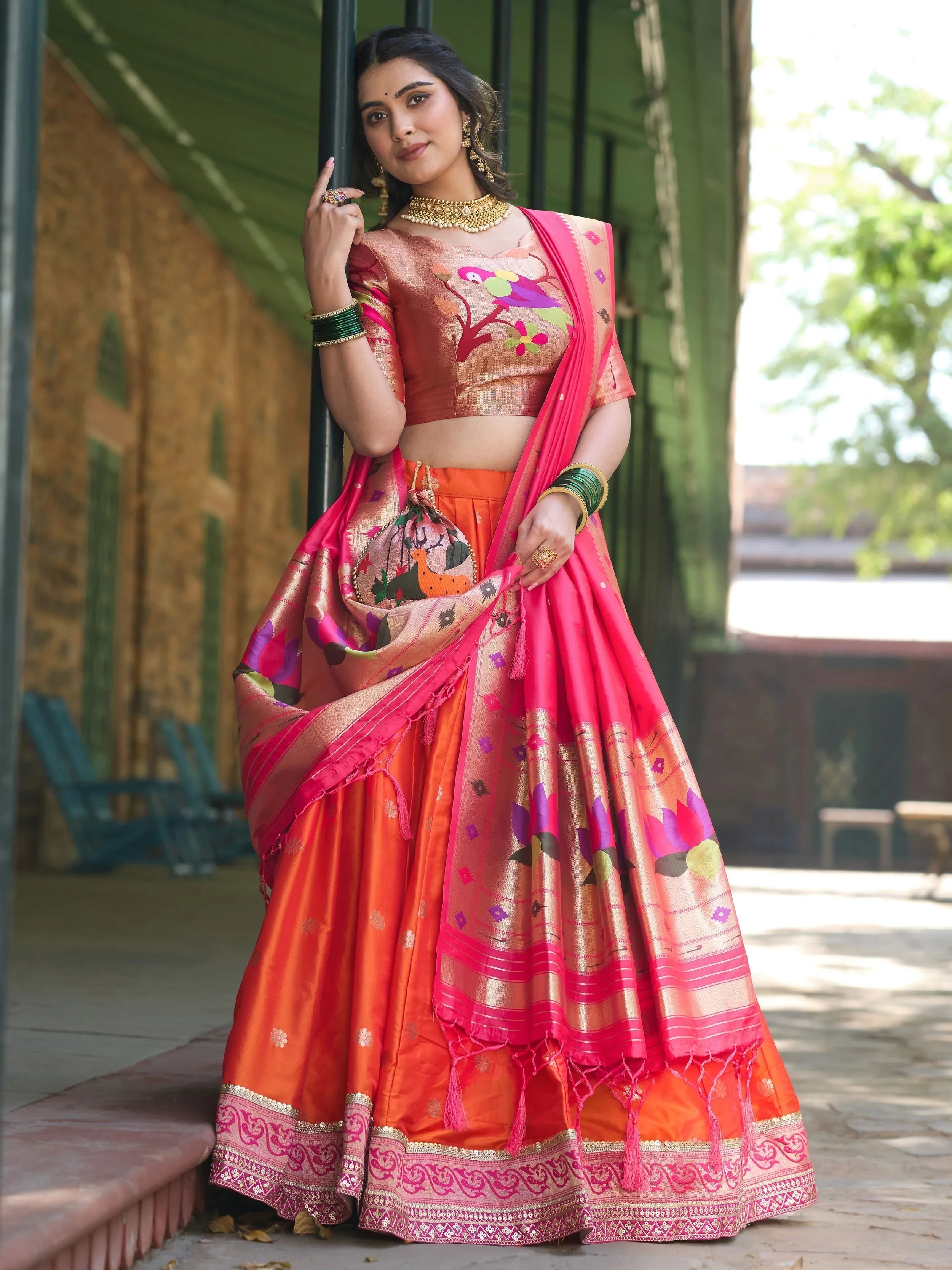Orange Jacquard Silk Festival Wear Lehenga Choli With Dupatta