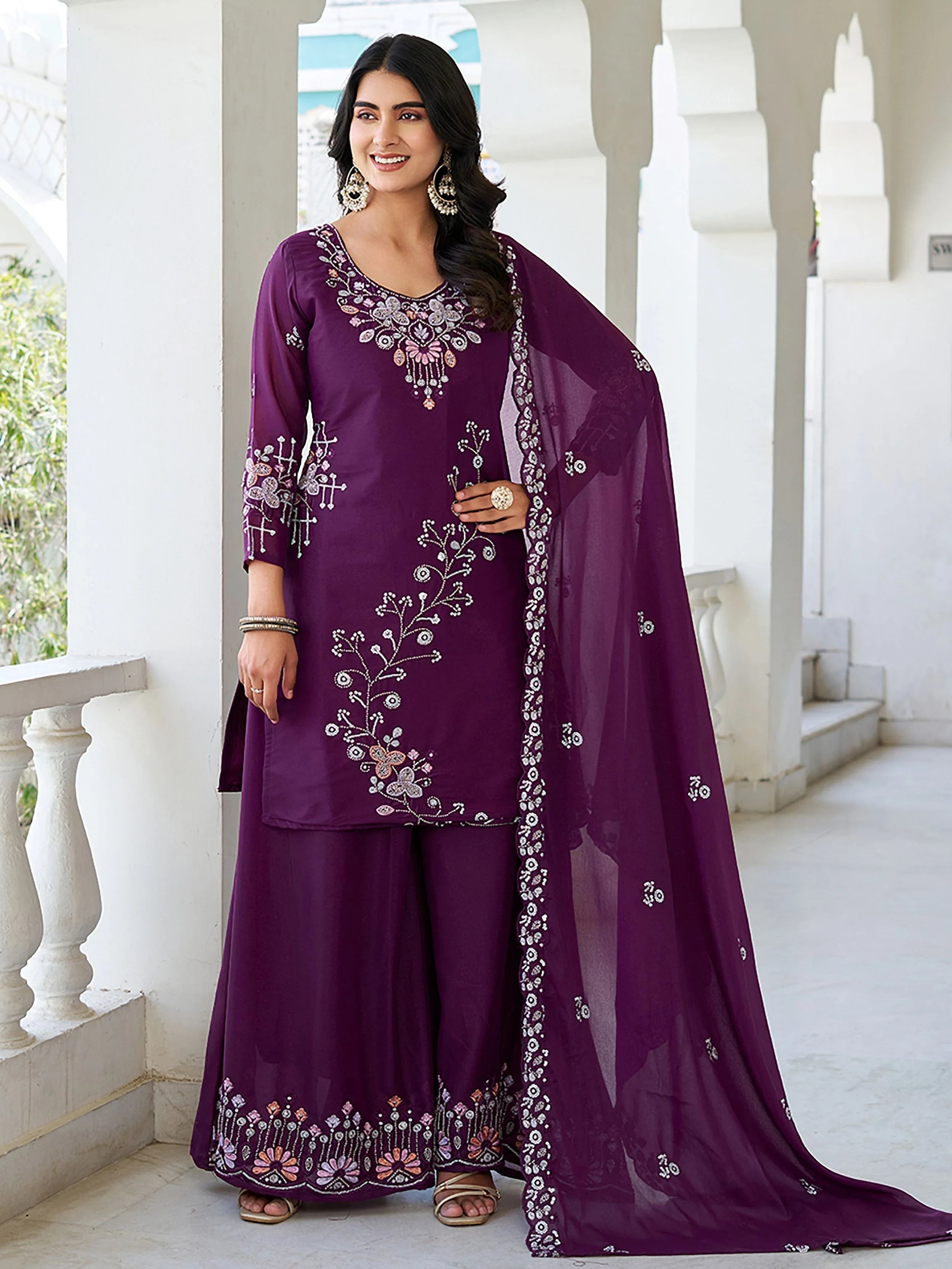 Tantalizing Wine Sequins Embroidered Georgette Palazzo Suit for Women