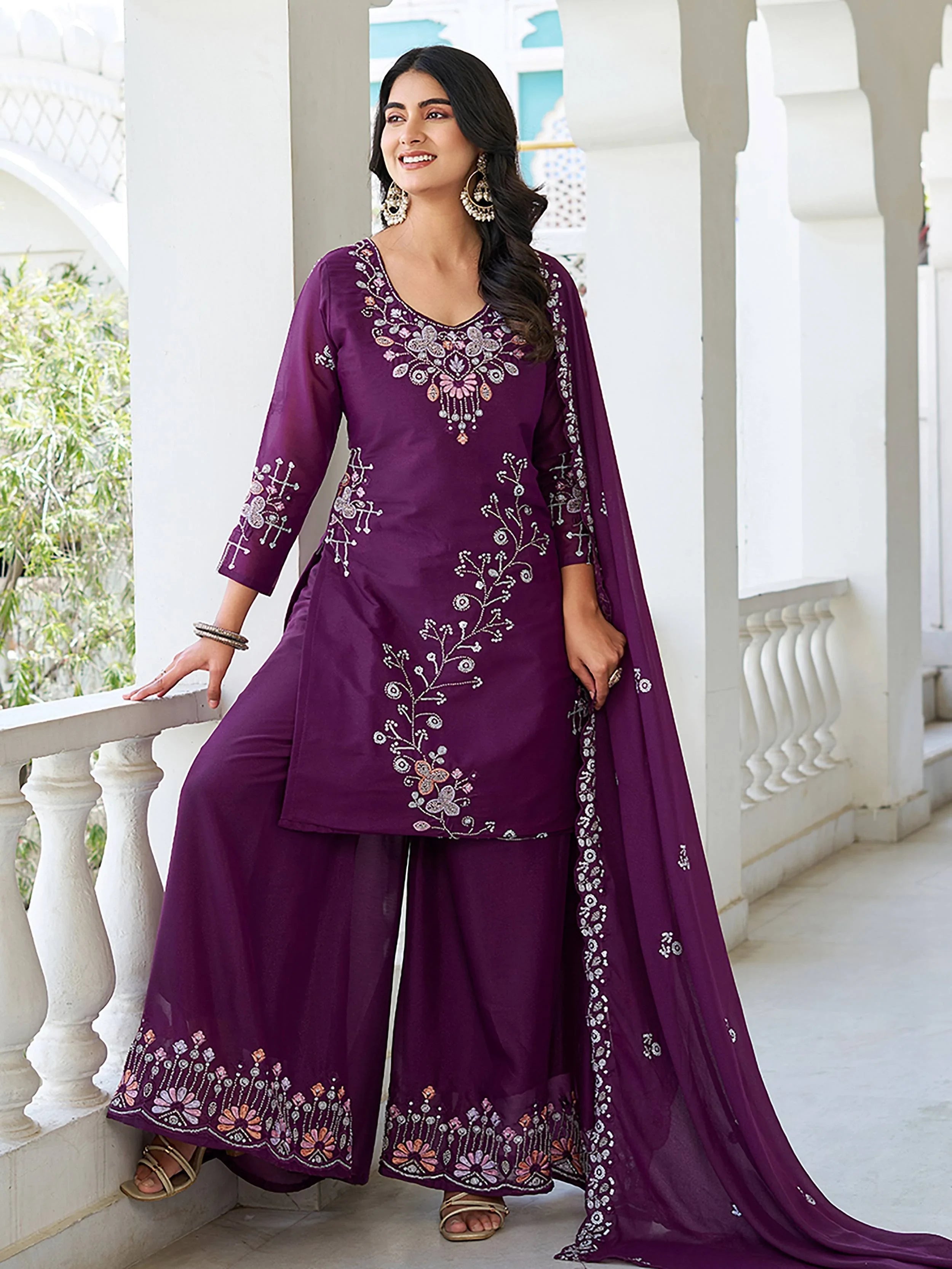 Tantalizing Wine Sequins Embroidered Georgette Palazzo Suit for Women