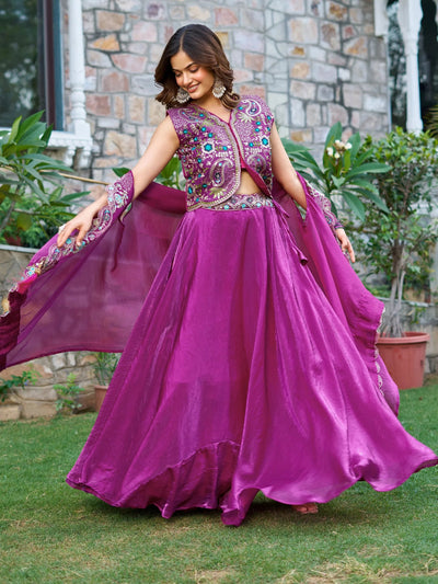 Purple Sequins Embroidered Silk Festive Wear Lehenga Choli for Women