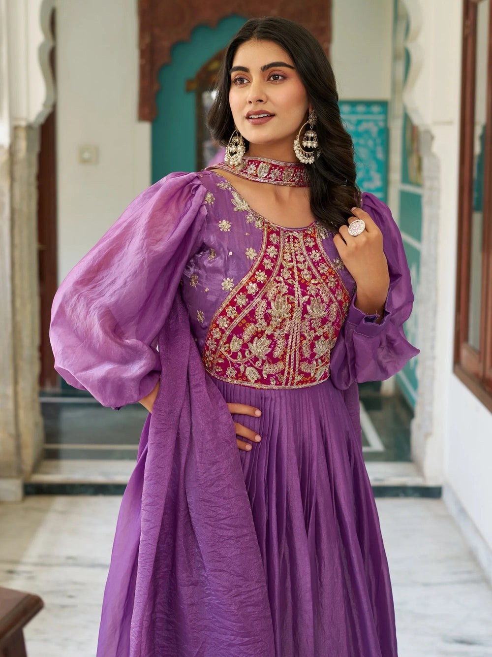 Purple Elegant Embroidered Silk Festive Wear Gown With Dupatta for Women