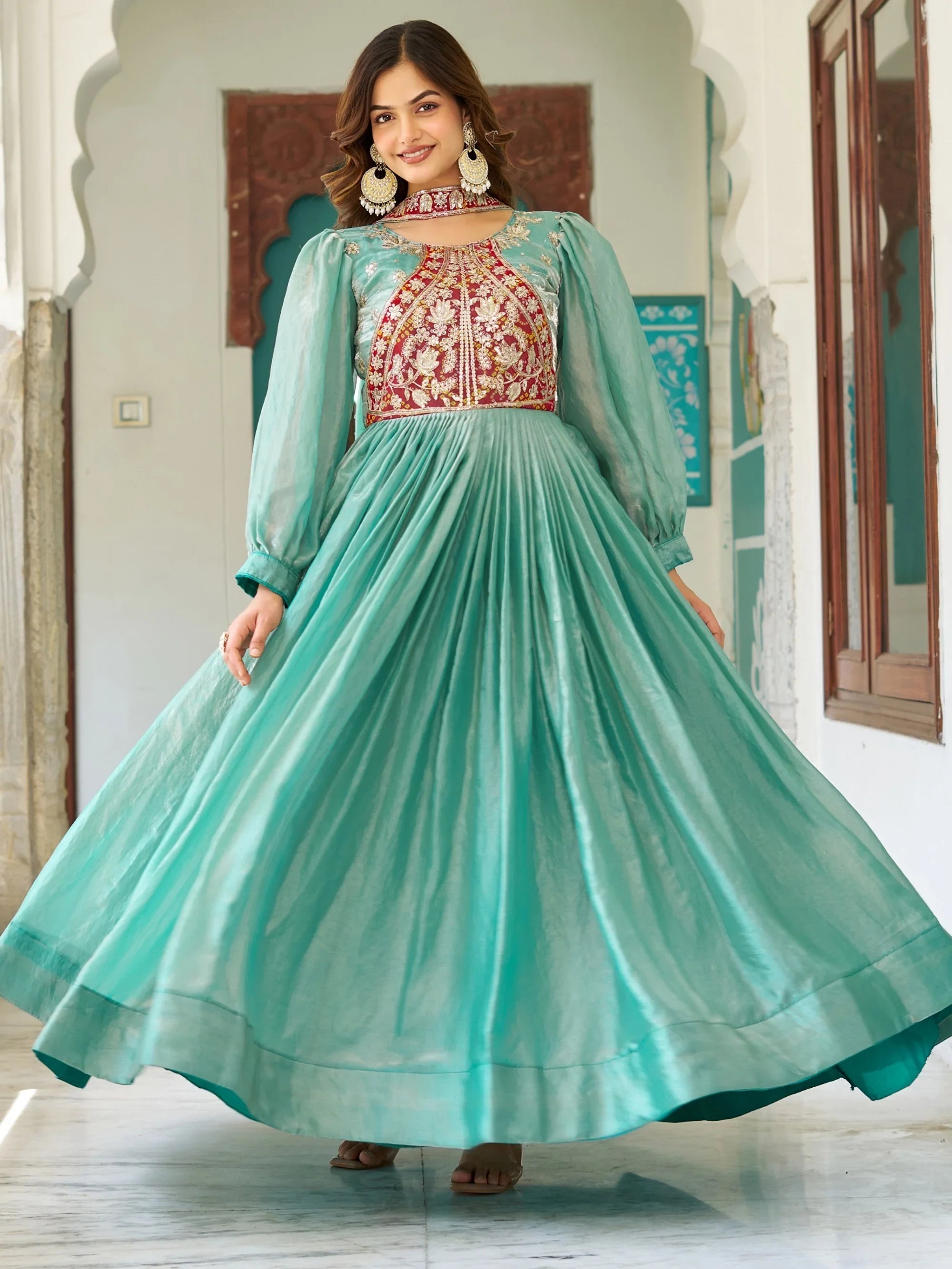Green Elegant Embroidered Silk Festive Wear Gown With Dupatta for Women