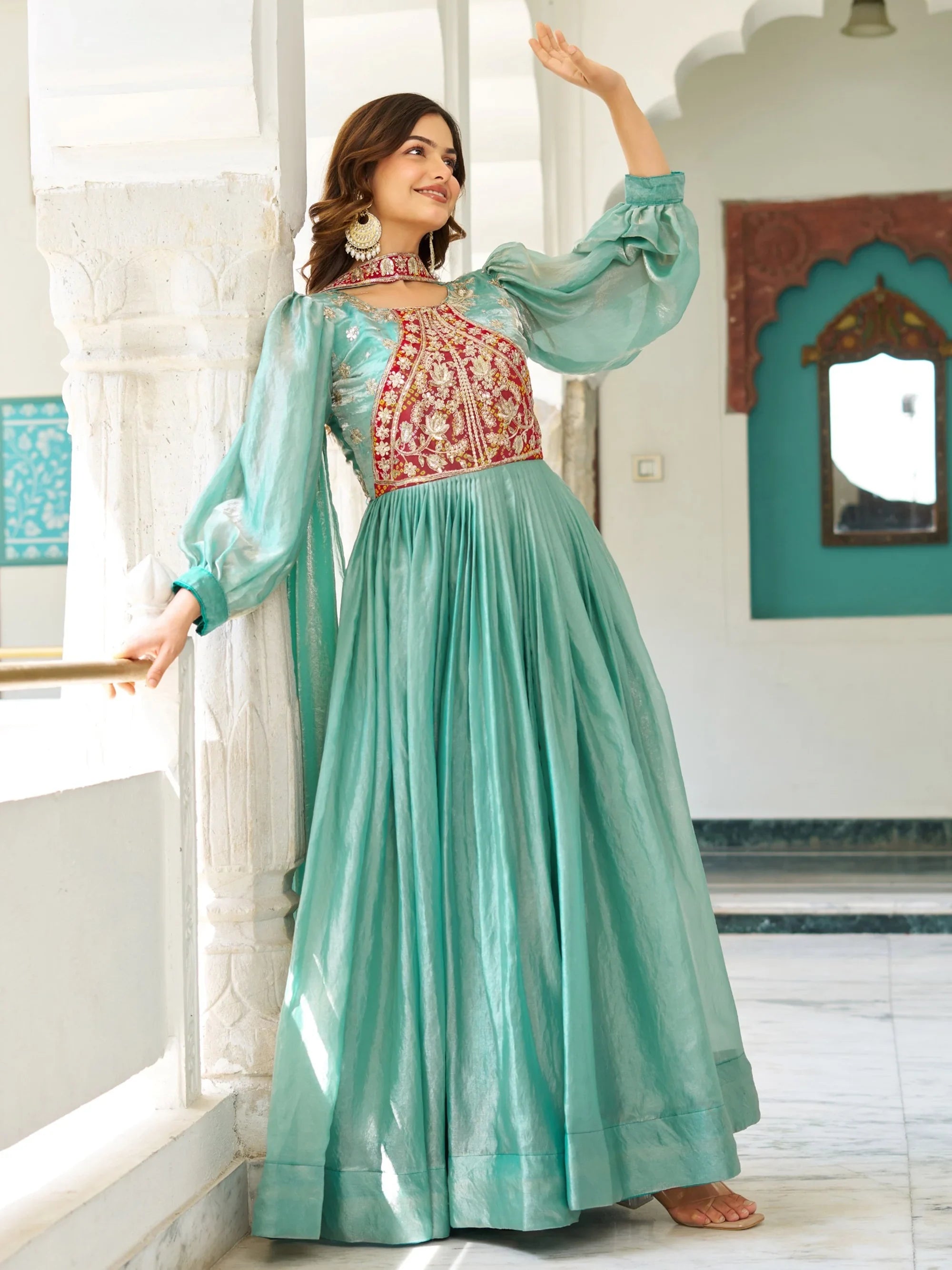 Green Elegant Embroidered Silk Festive Wear Gown With Dupatta for Women