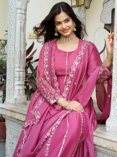 Pink Radiant Sequins Georgette Wedding Wear Gown With Dupatta for Women