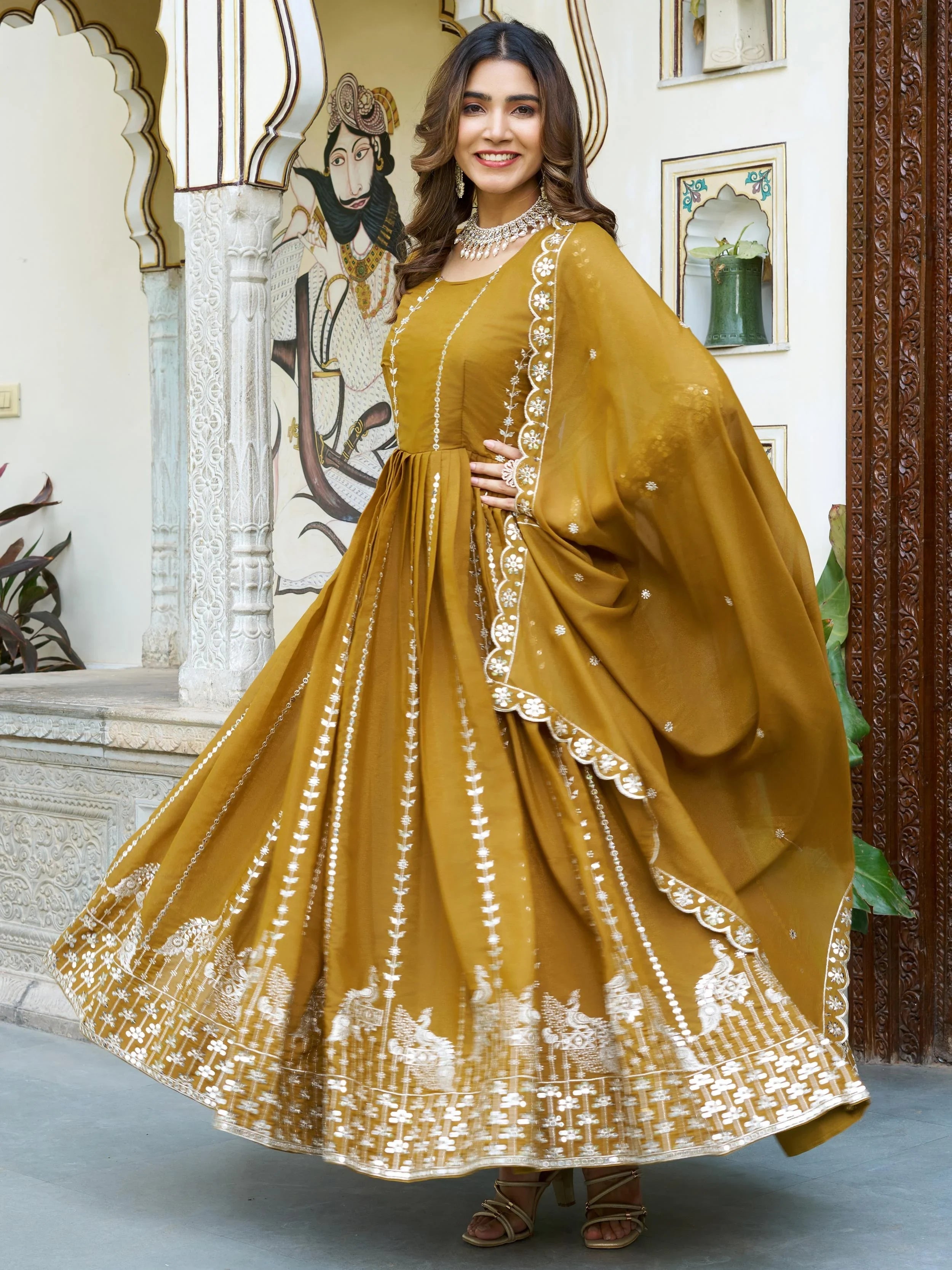 Yellow Radiant Sequins Georgette Wedding Wear Gown With Dupatta for Women