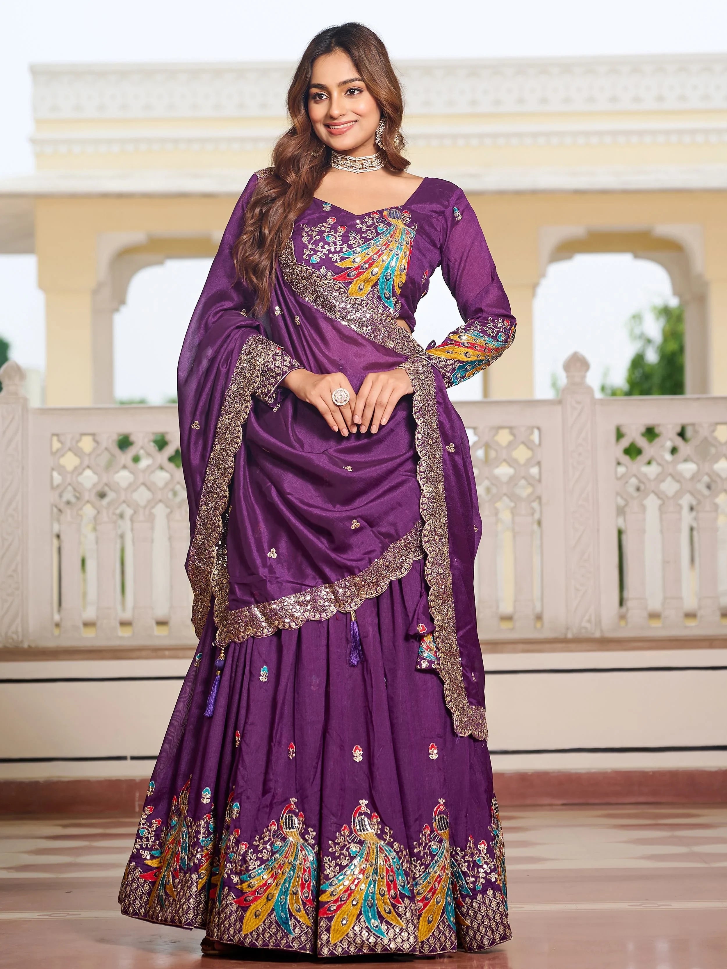 Purple Divine Silk Thread Embroidered Lehenga Choli With Dupatta for Women