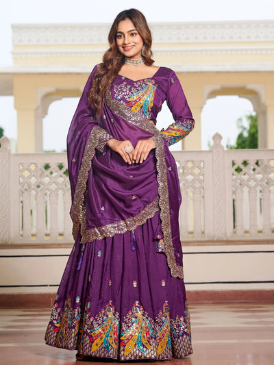Purple Divine Silk Thread Embroidered Lehenga Choli With Dupatta for Women