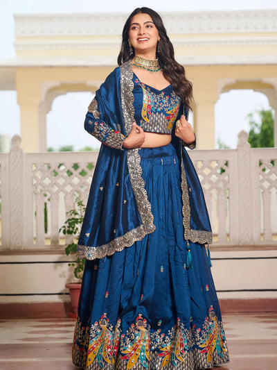 Blue Divine Silk Thread Embroidered Lehenga Choli With Dupatta for Women