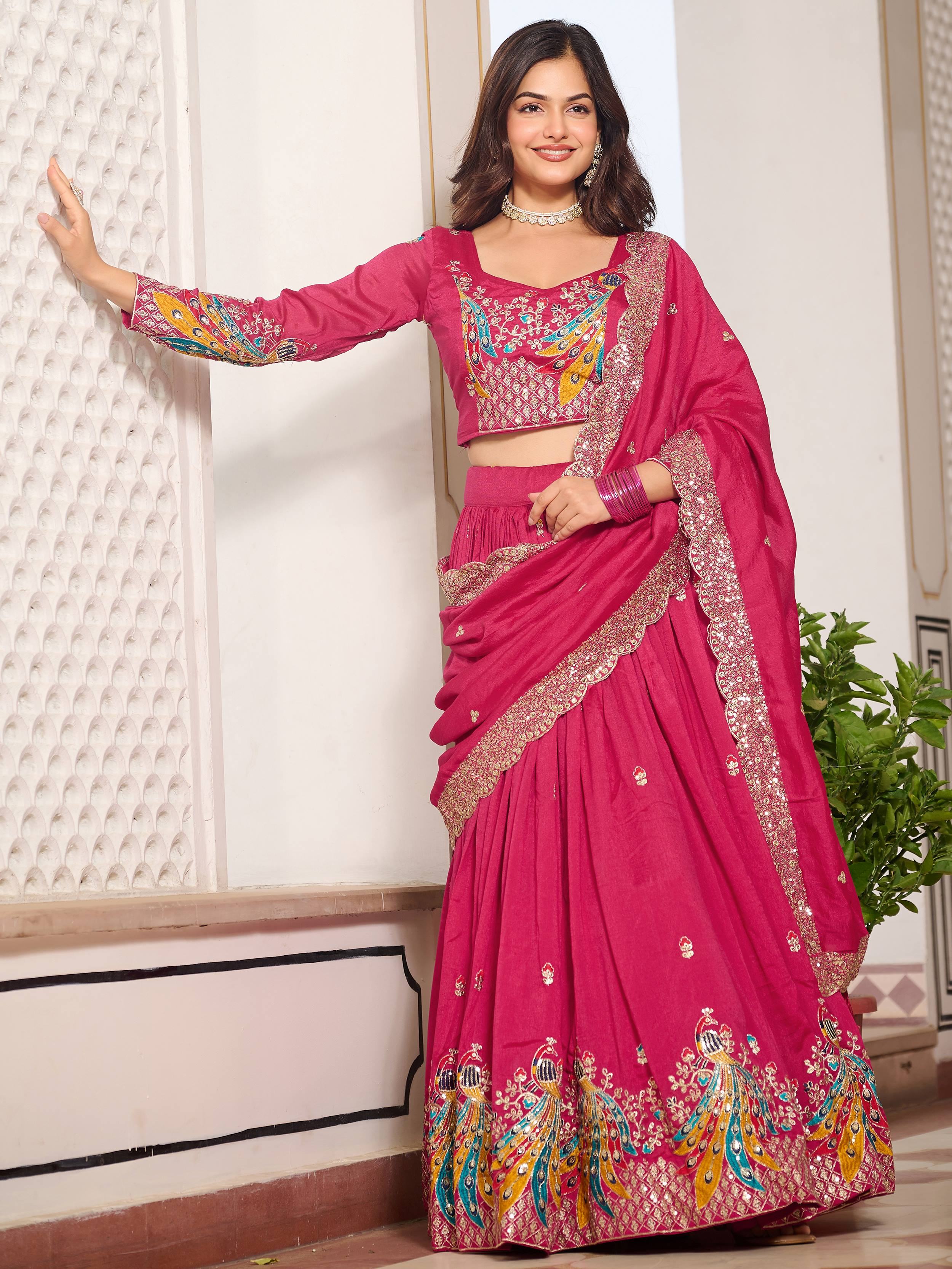 Pink Divine Silk Thread Embroidered Lehenga Choli With Dupatta for Women
