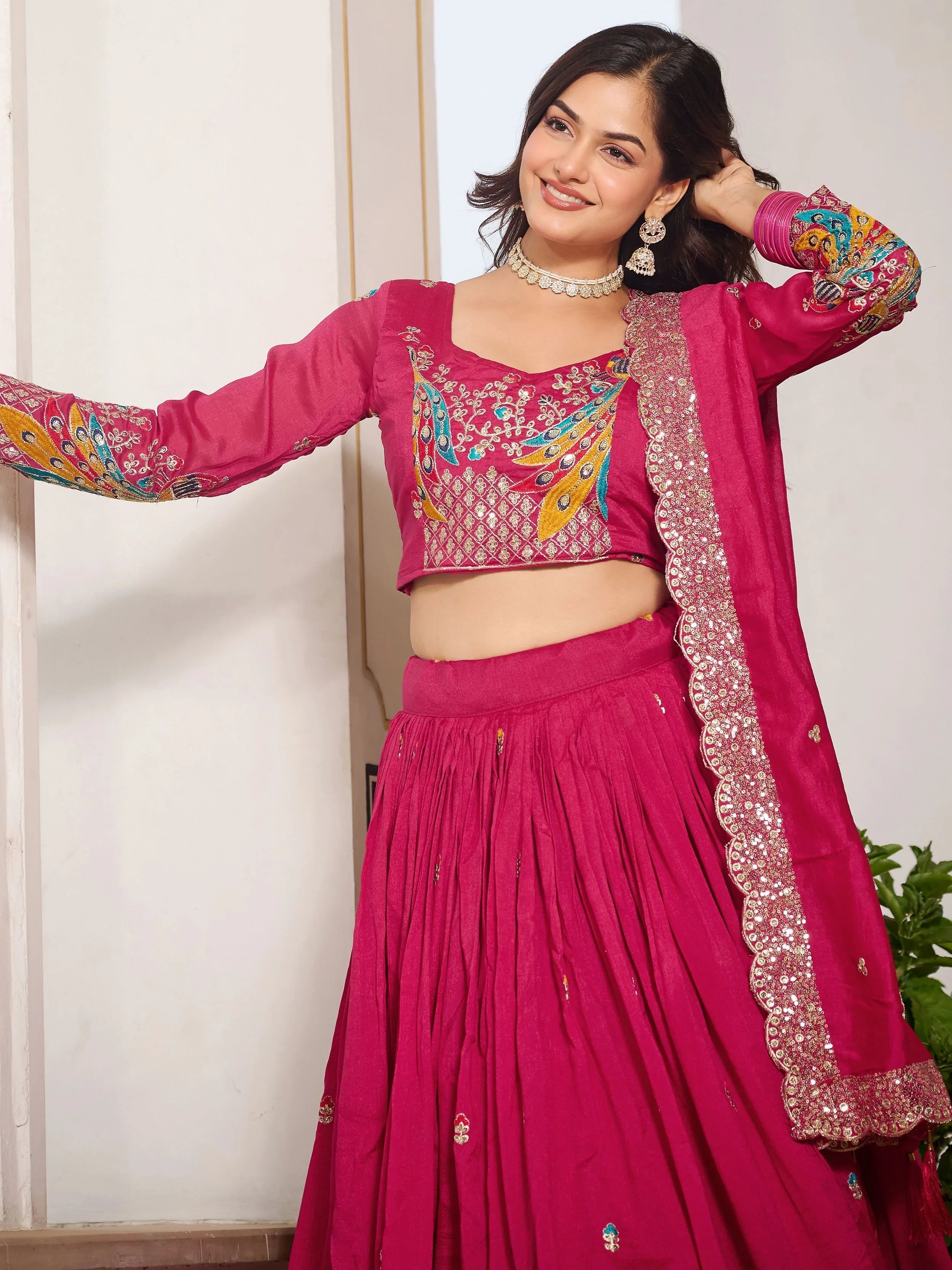 Pink Divine Silk Thread Embroidered Lehenga Choli With Dupatta for Women
