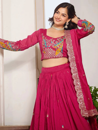 Pink Divine Silk Thread Embroidered Lehenga Choli With Dupatta for Women