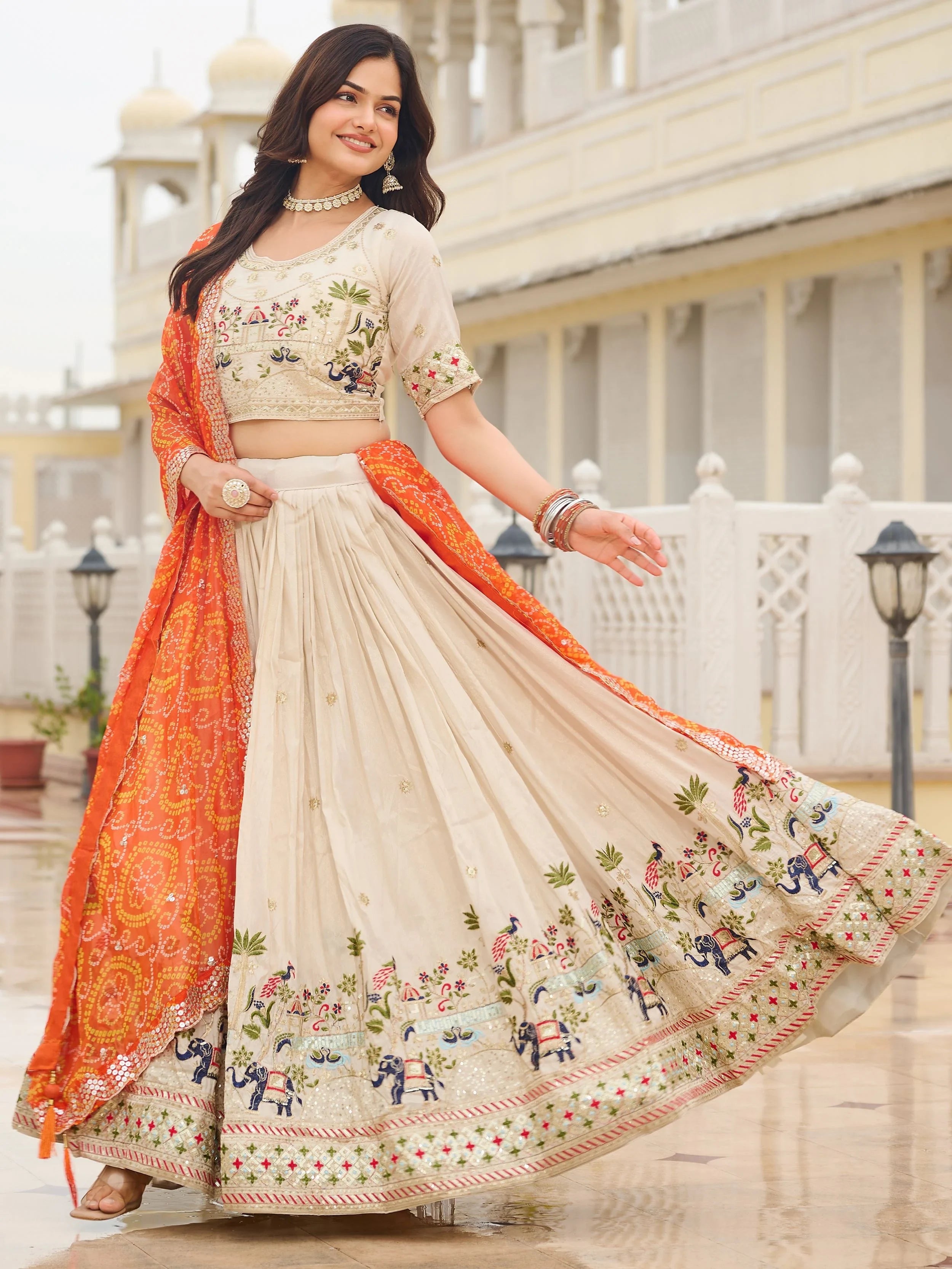 Off-White Sequnis Silk Lehenga Choli With Orange Dupatta for Women