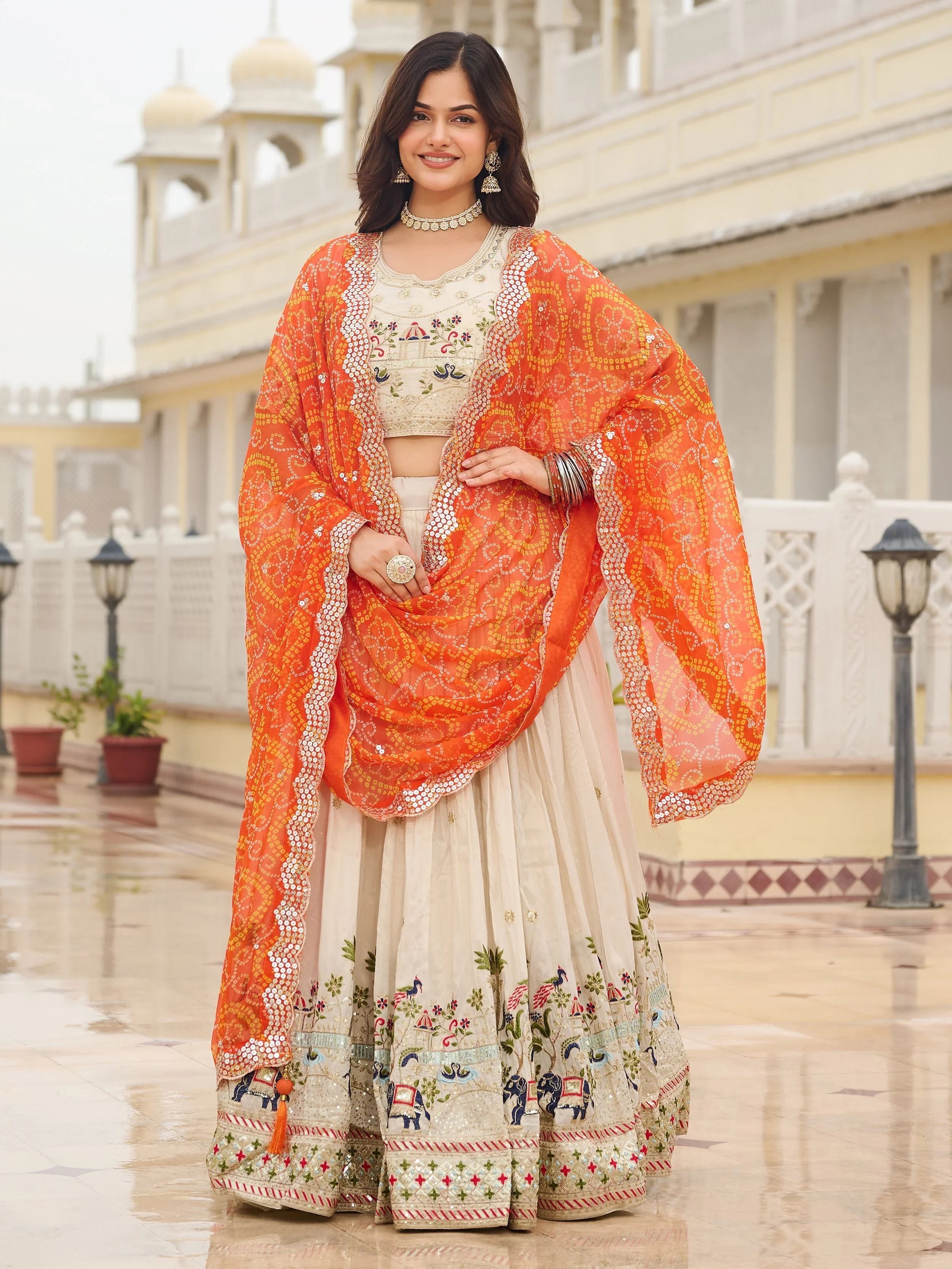 Off-White Sequnis Silk Lehenga Choli With Orange Dupatta for Women