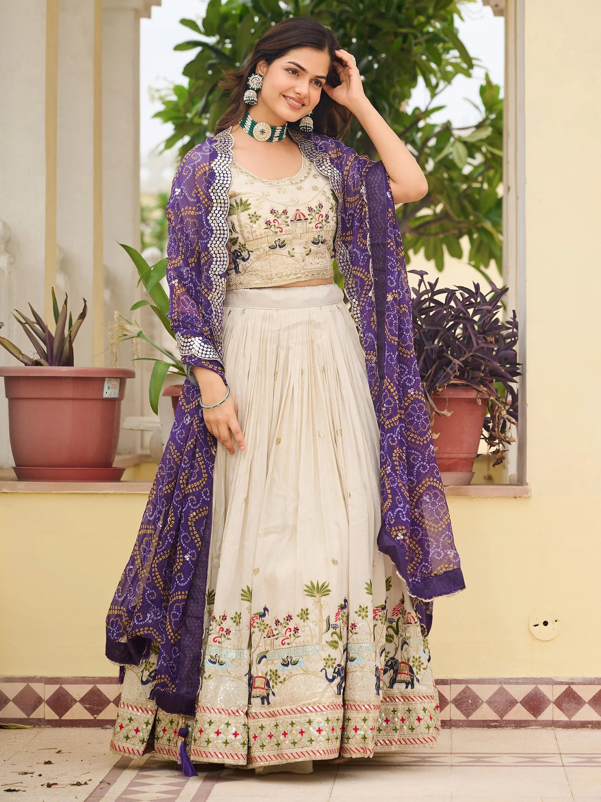 Off-White Sequnis Silk Lehenga Choli With Purple Dupatta for Women