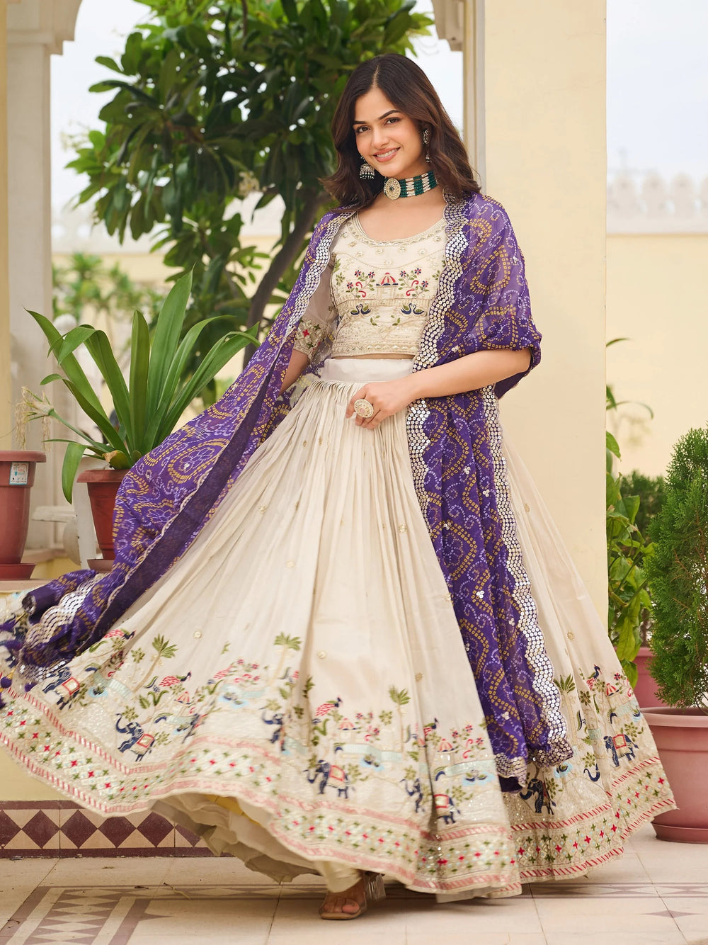 Off-White Sequnis Silk Lehenga Choli With Purple Dupatta for Women
