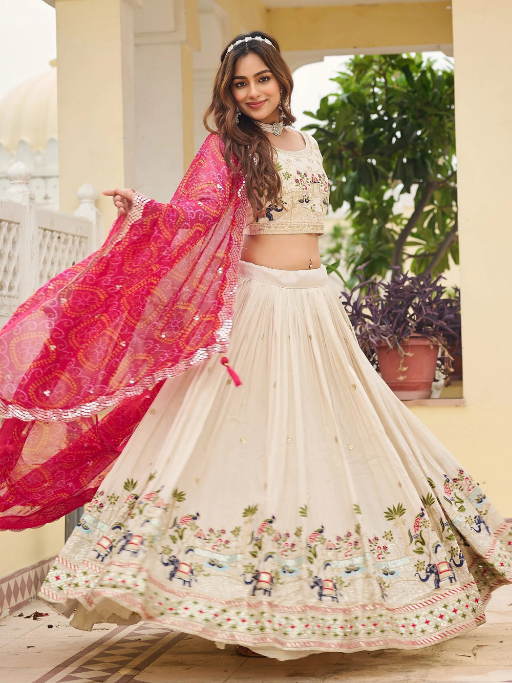 Off-White Sequnis Silk Lehenga Choli With Pink Dupatta for Women
