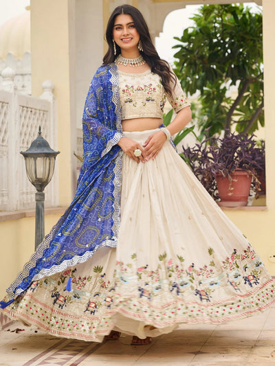 Off-White Sequnis Silk Lehenga Choli With Blue Dupatta for Women