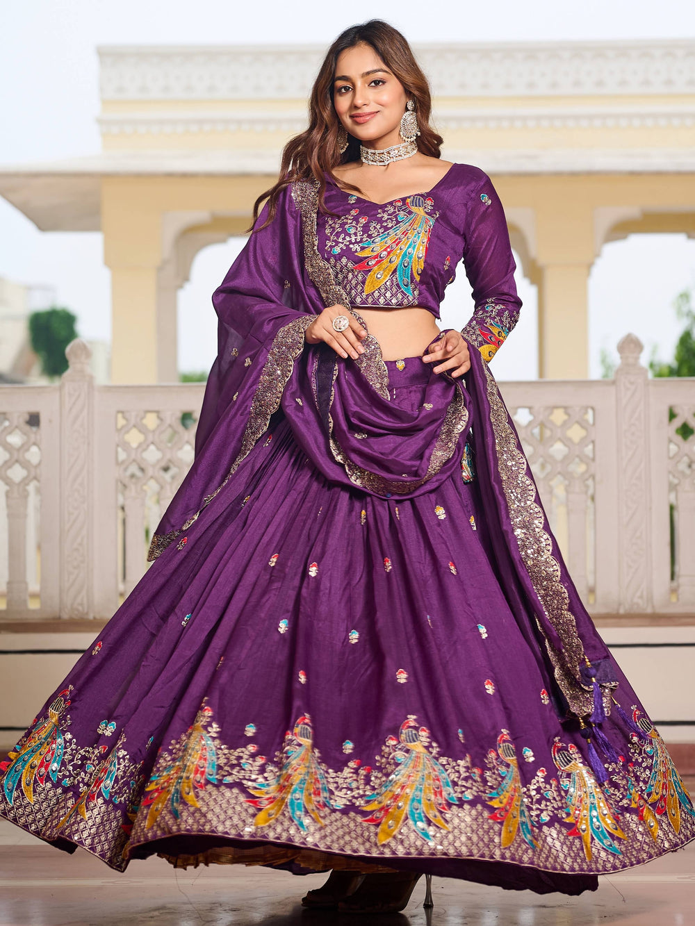 Purple Divine Silk Thread Embroidered Lehenga Choli With Dupatta for Women