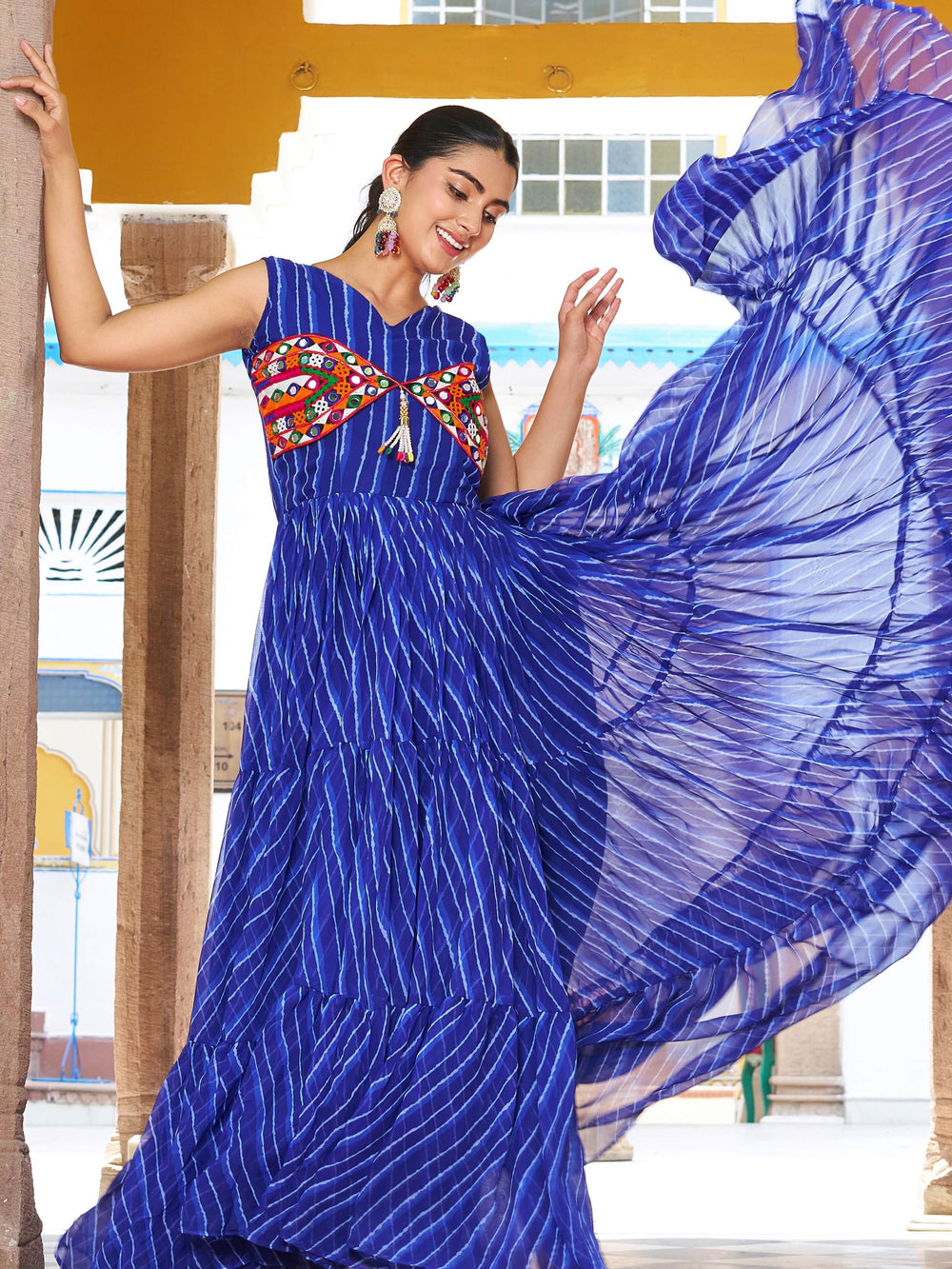Blue Georgette Leheriya Print Festival Wear Gown for Women