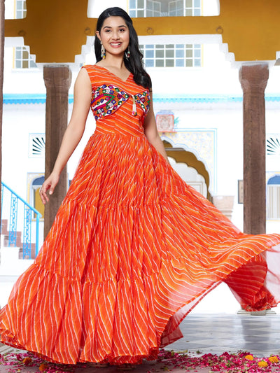 Orange Georgette Leheriya Print Festival Wear Gown for Women
