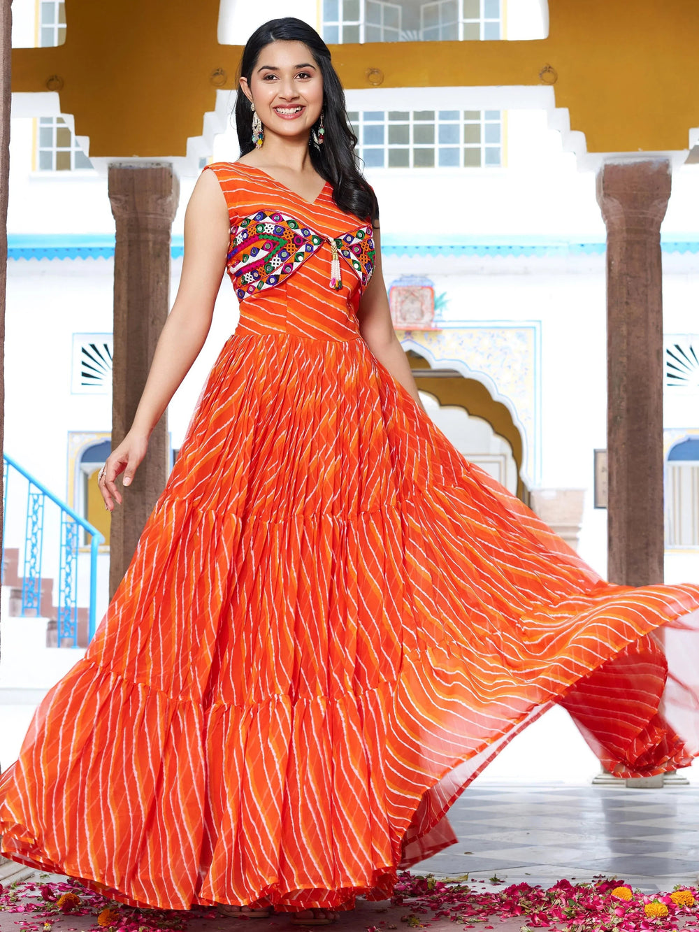 Orange Georgette Leheriya Print Festival Wear Gown for Women