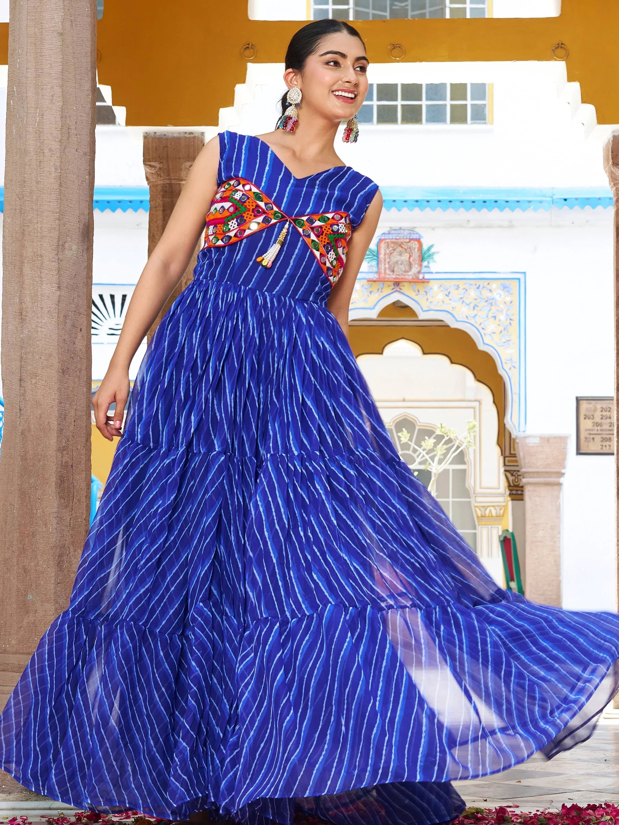 Blue Georgette Leheriya Print Festival Wear Gown for Women