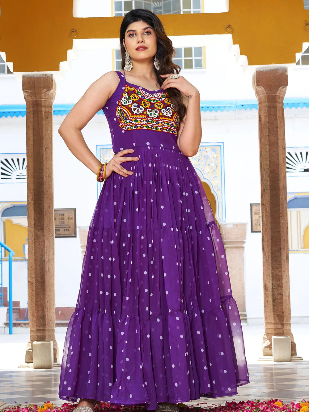 Purple Georgette Leheriya Print Festival Wear Gown for Women