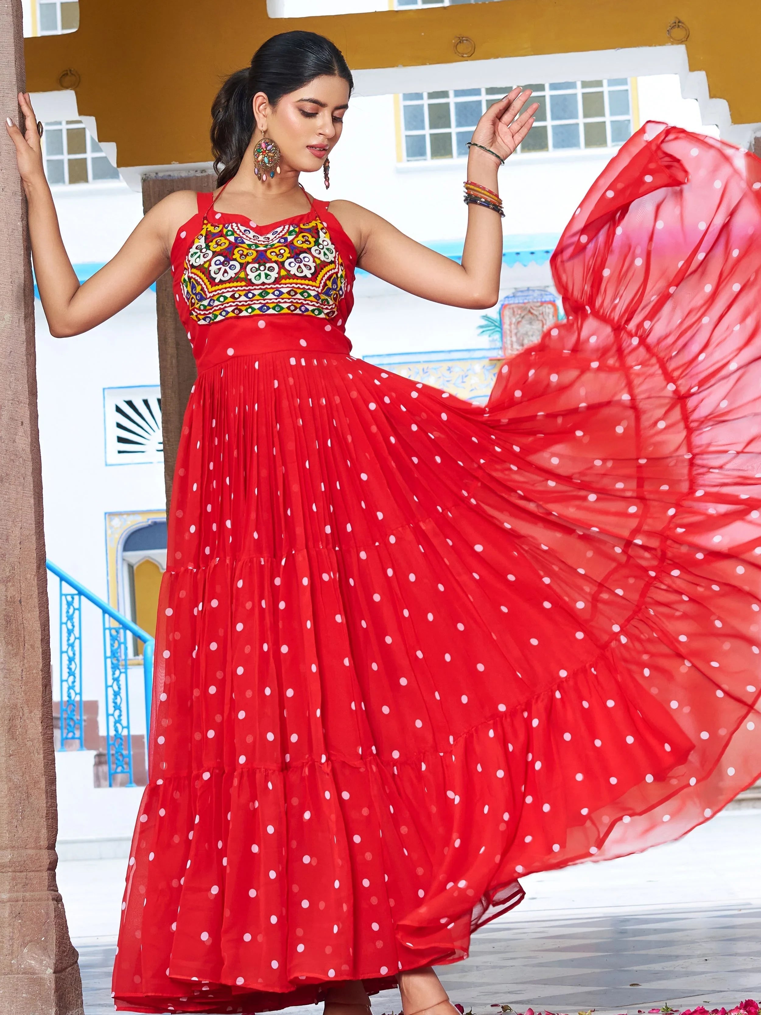 Red Georgette Leheriya Print Festival Wear Gown for Women