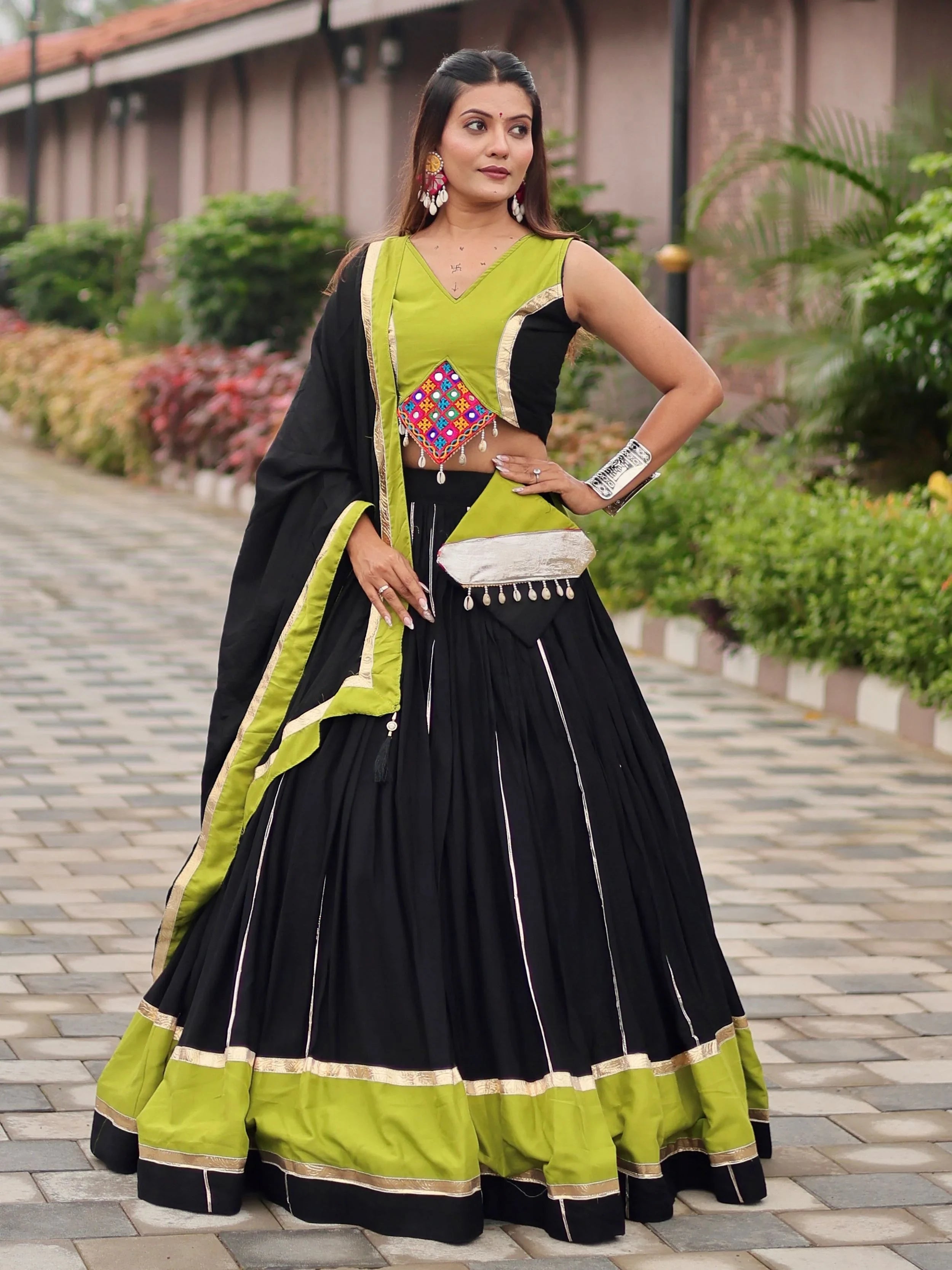 Black Cotton Gamthi Work Navratri Wear Lehenga Choli for Women