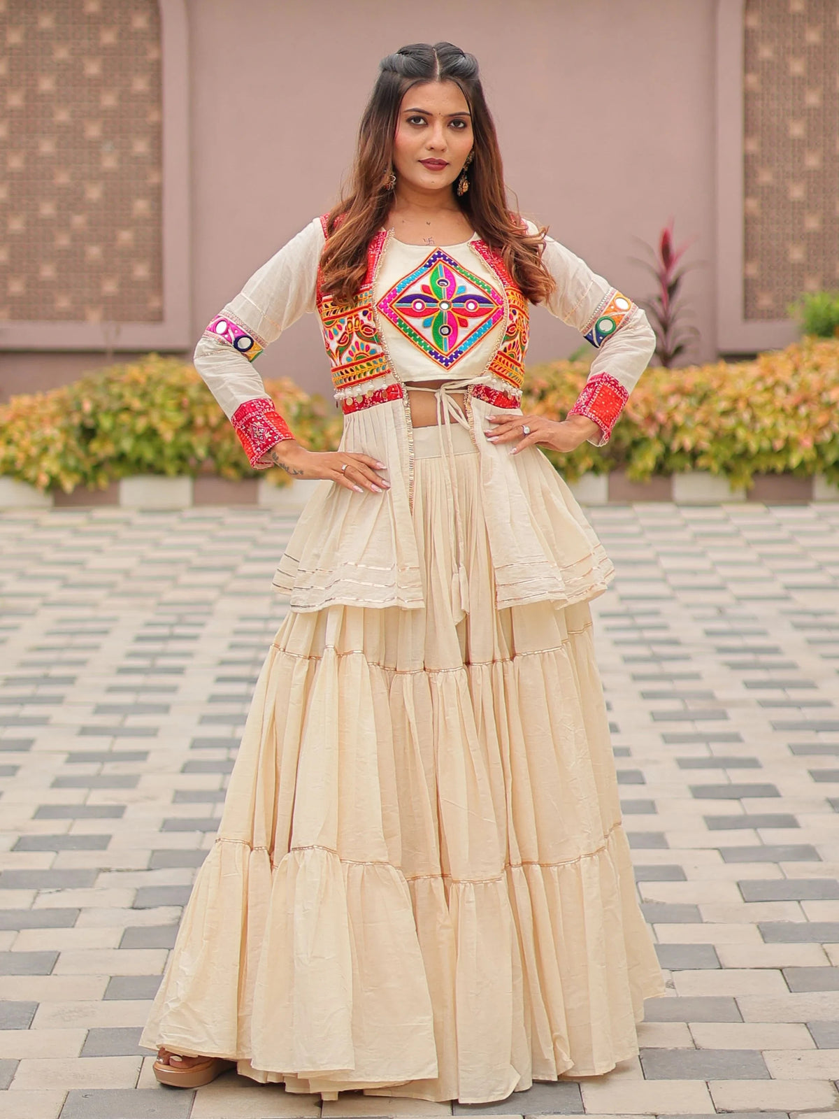 Cream Gamthi Work Navratri Wear Lehenga Choli With Koti for Women
