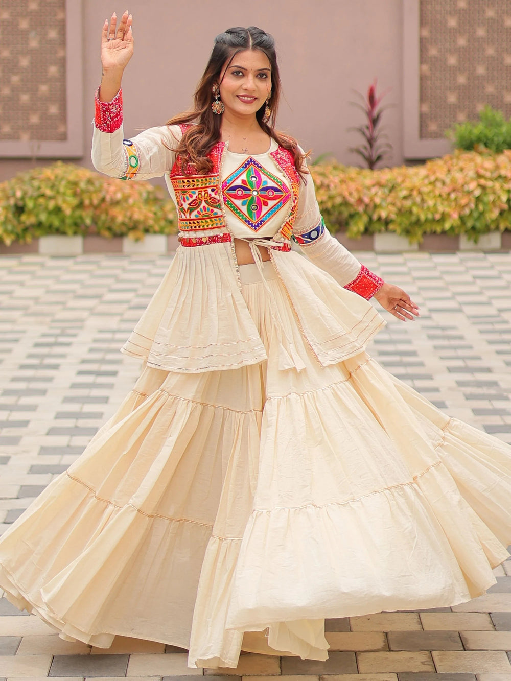 Cream Gamthi Work Navratri Wear Lehenga Choli With Koti for Women