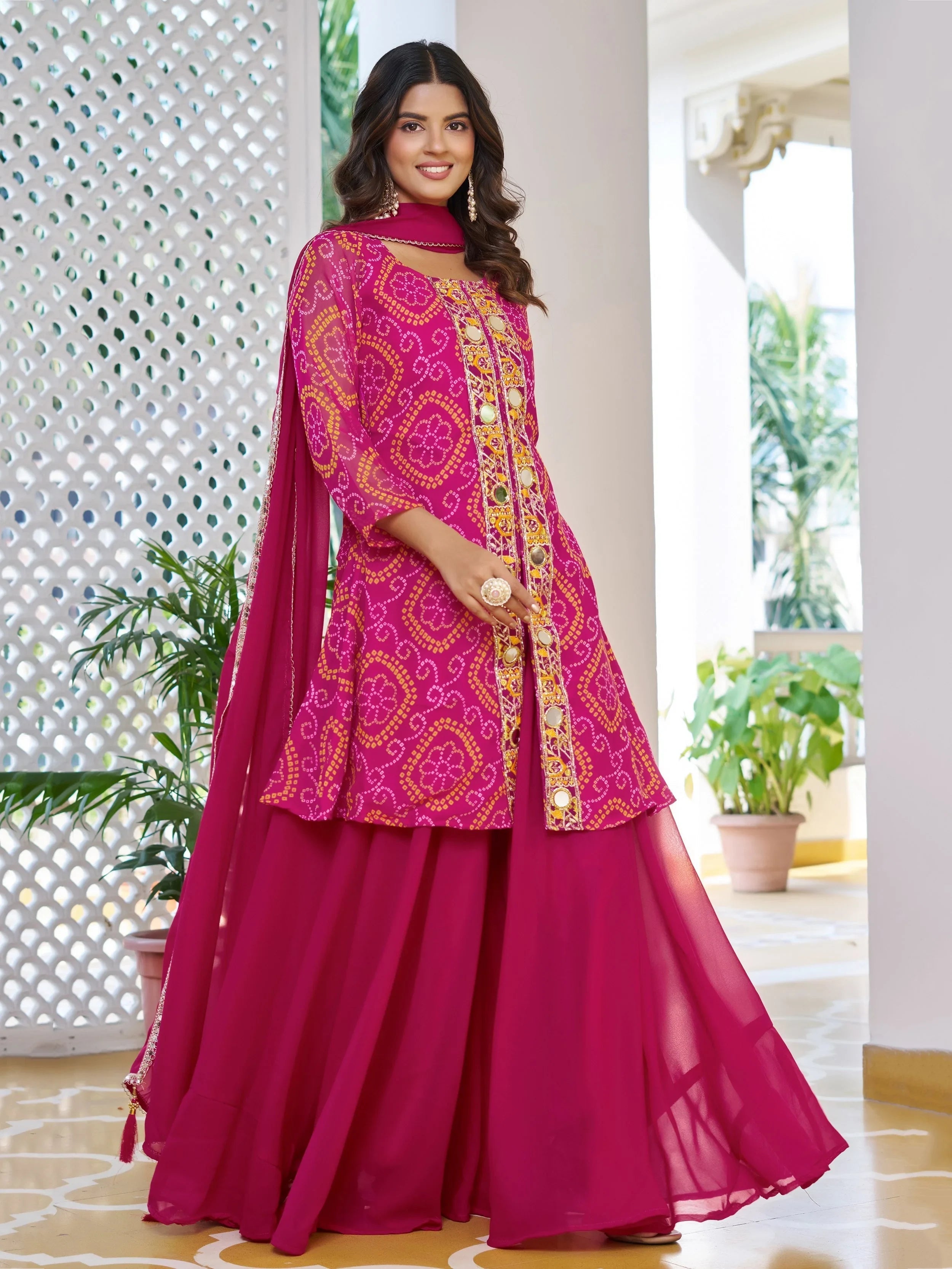 Pink Glamorous Embroidered Georgette Function Wear Palazzo Suit for Women
