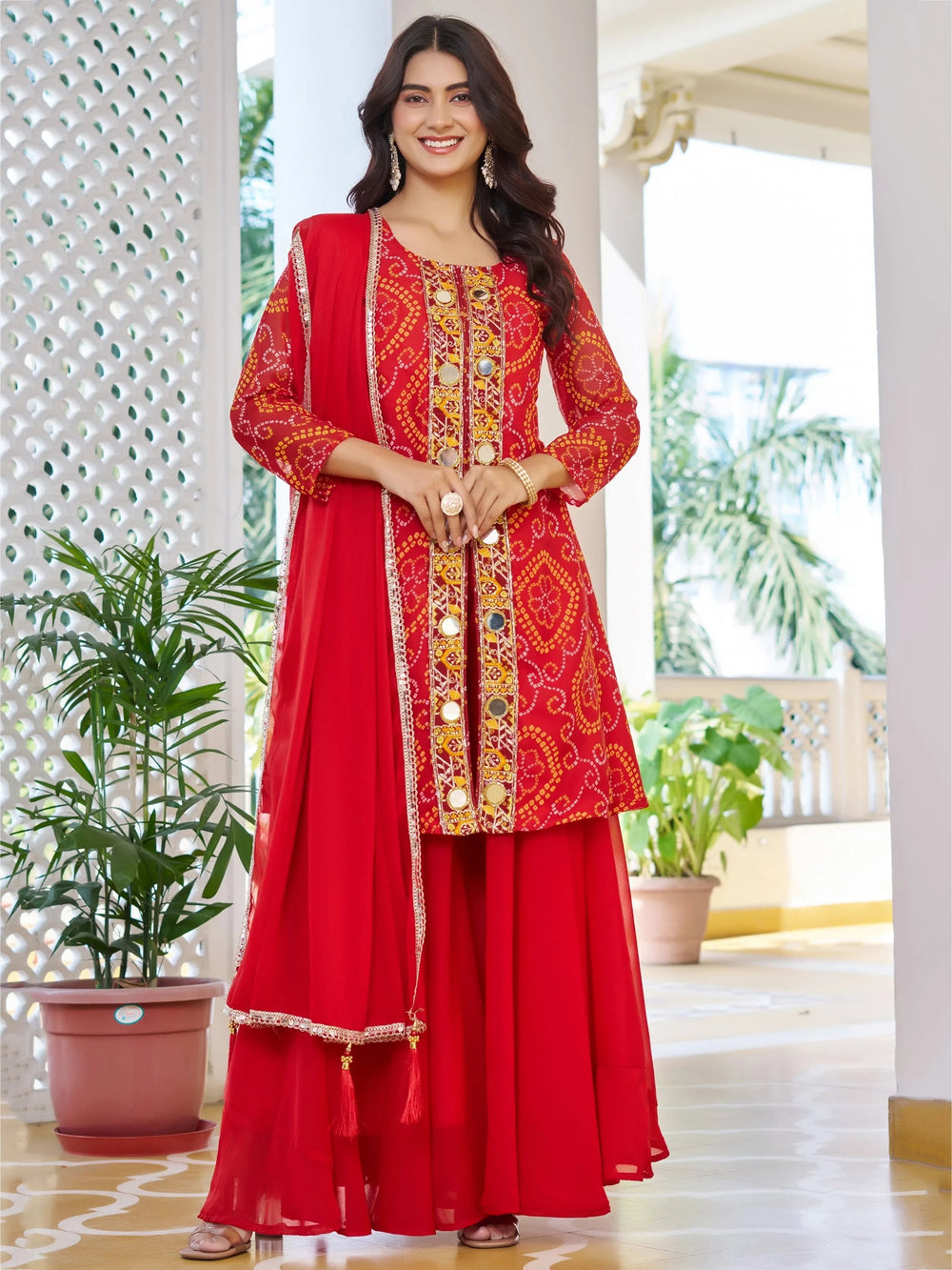 Red Glamorous Embroidered Georgette Function Wear Palazzo Suit for Women