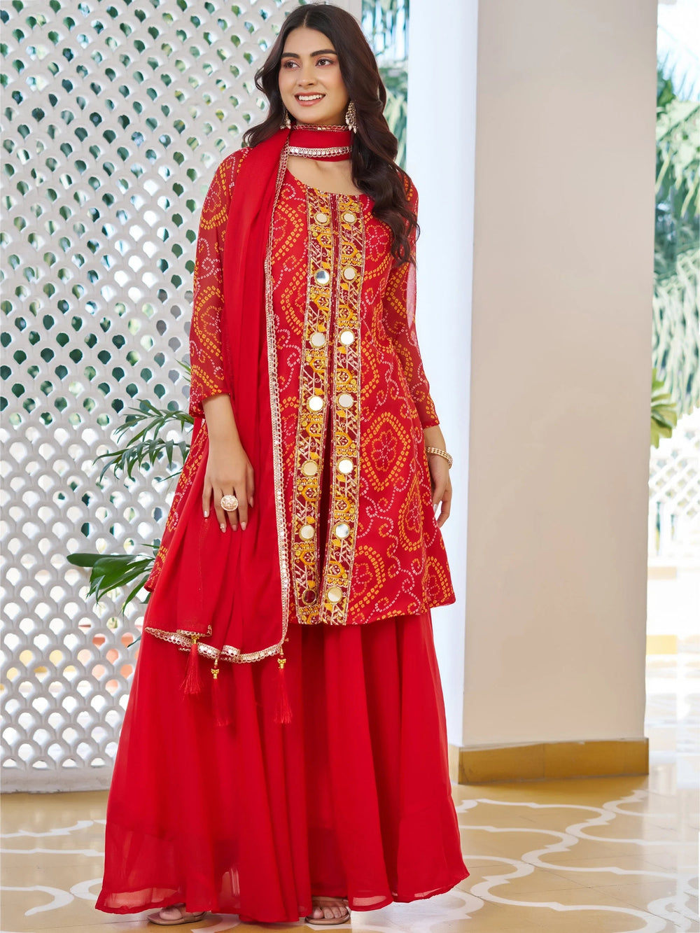 Red Glamorous Embroidered Georgette Function Wear Palazzo Suit for Women