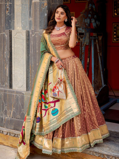 Brown Silk Zari Weaving Wedding Wear Lehenga Choli for Women