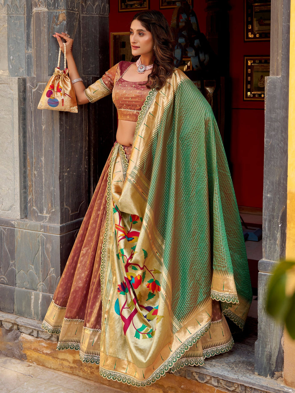 Brown Silk Zari Weaving Wedding Wear Lehenga Choli for Women