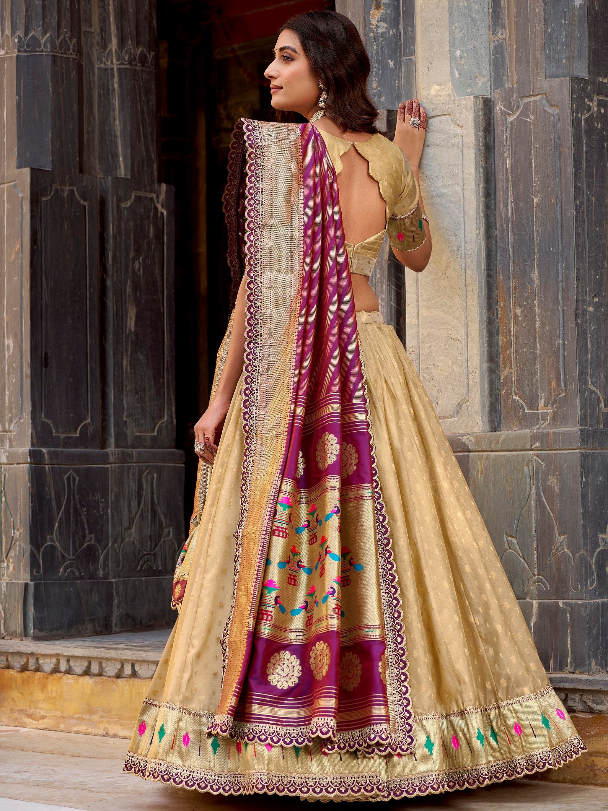 Cream Silk Zari Weaving Festive Lehenga Choli With Dupatta