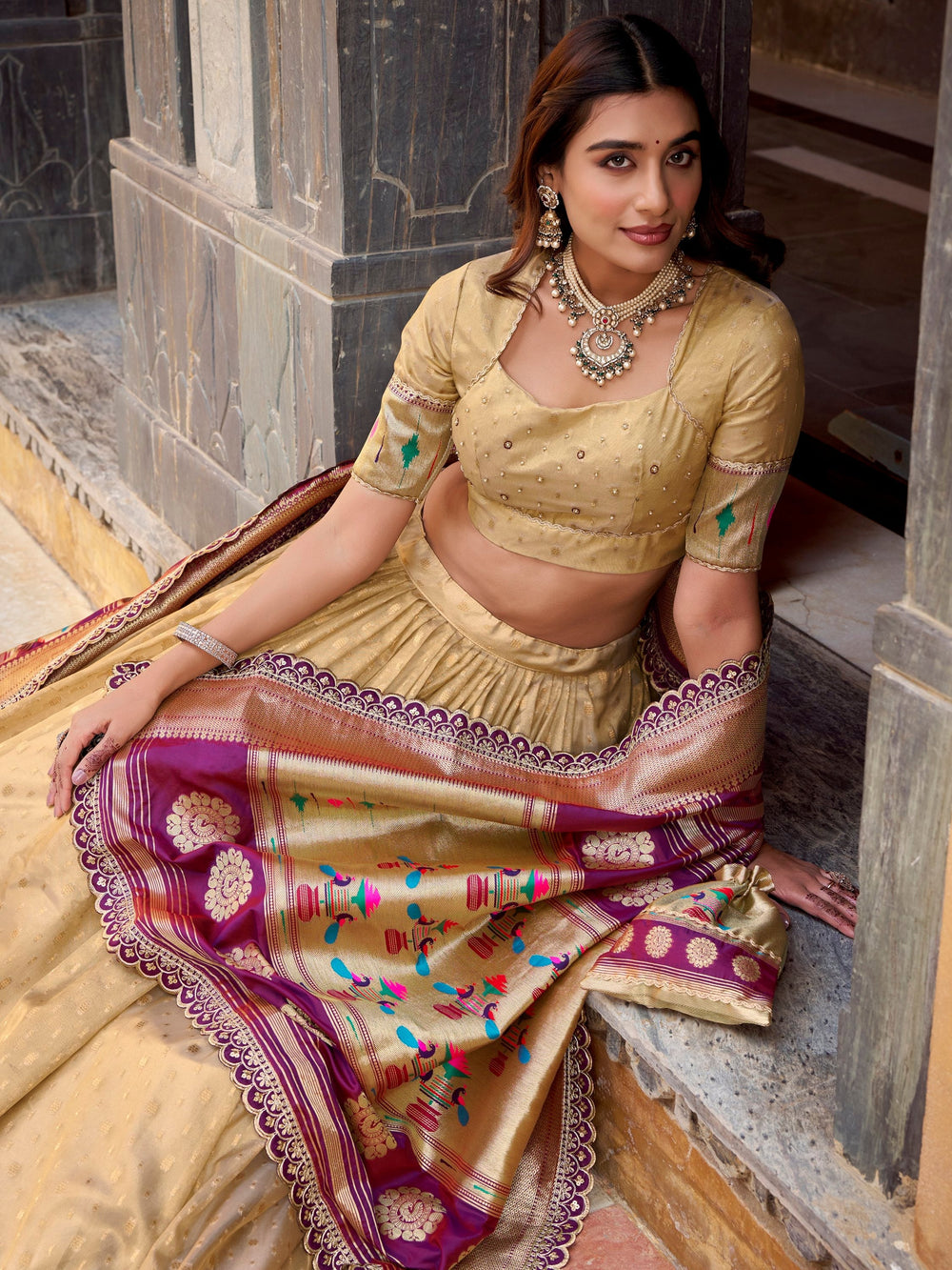 Cream Silk Zari Weaving Festive Lehenga Choli With Dupatta