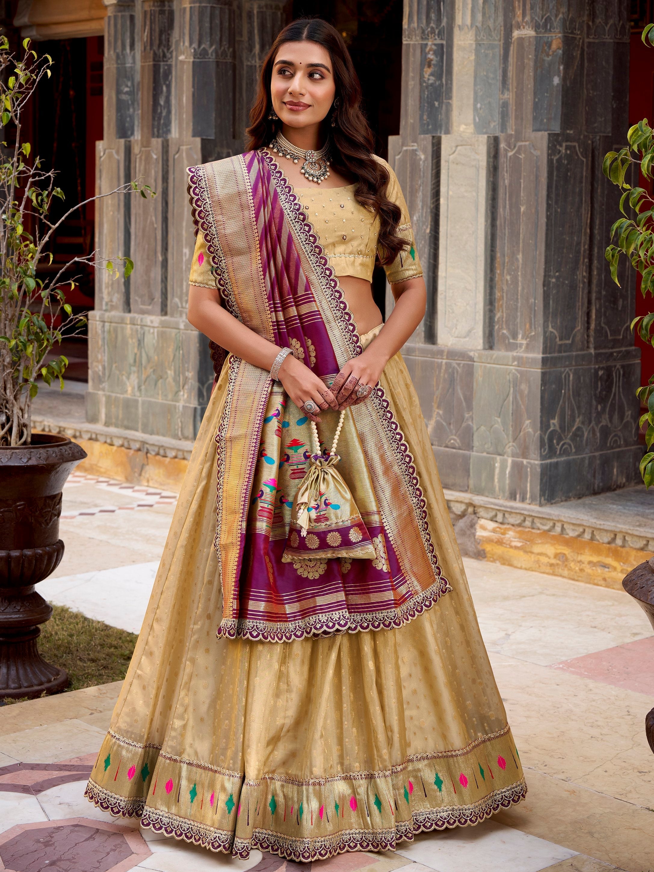 Cream Silk Zari Weaving Festive Lehenga Choli With Dupatta