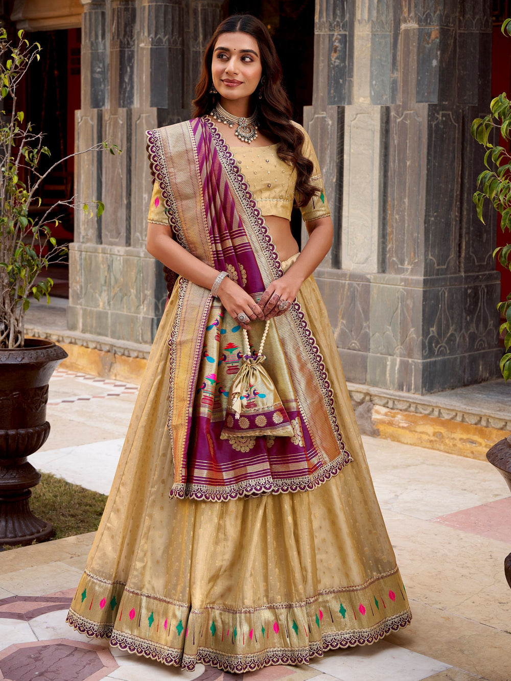 Cream Silk Zari Weaving Festive Lehenga Choli With Dupatta