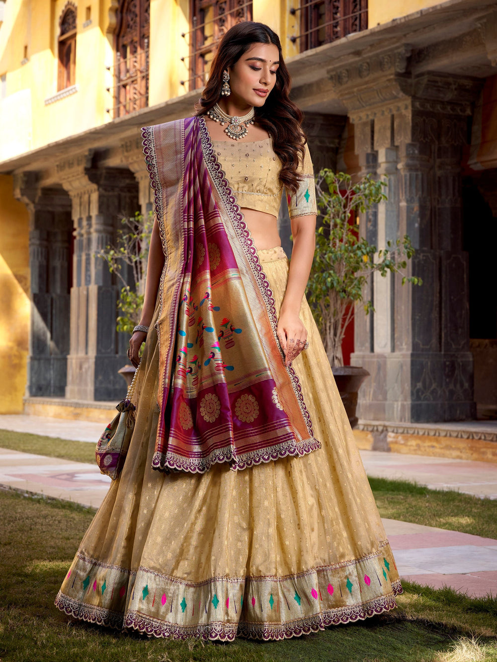 Cream Silk Zari Weaving Festive Lehenga Choli With Dupatta